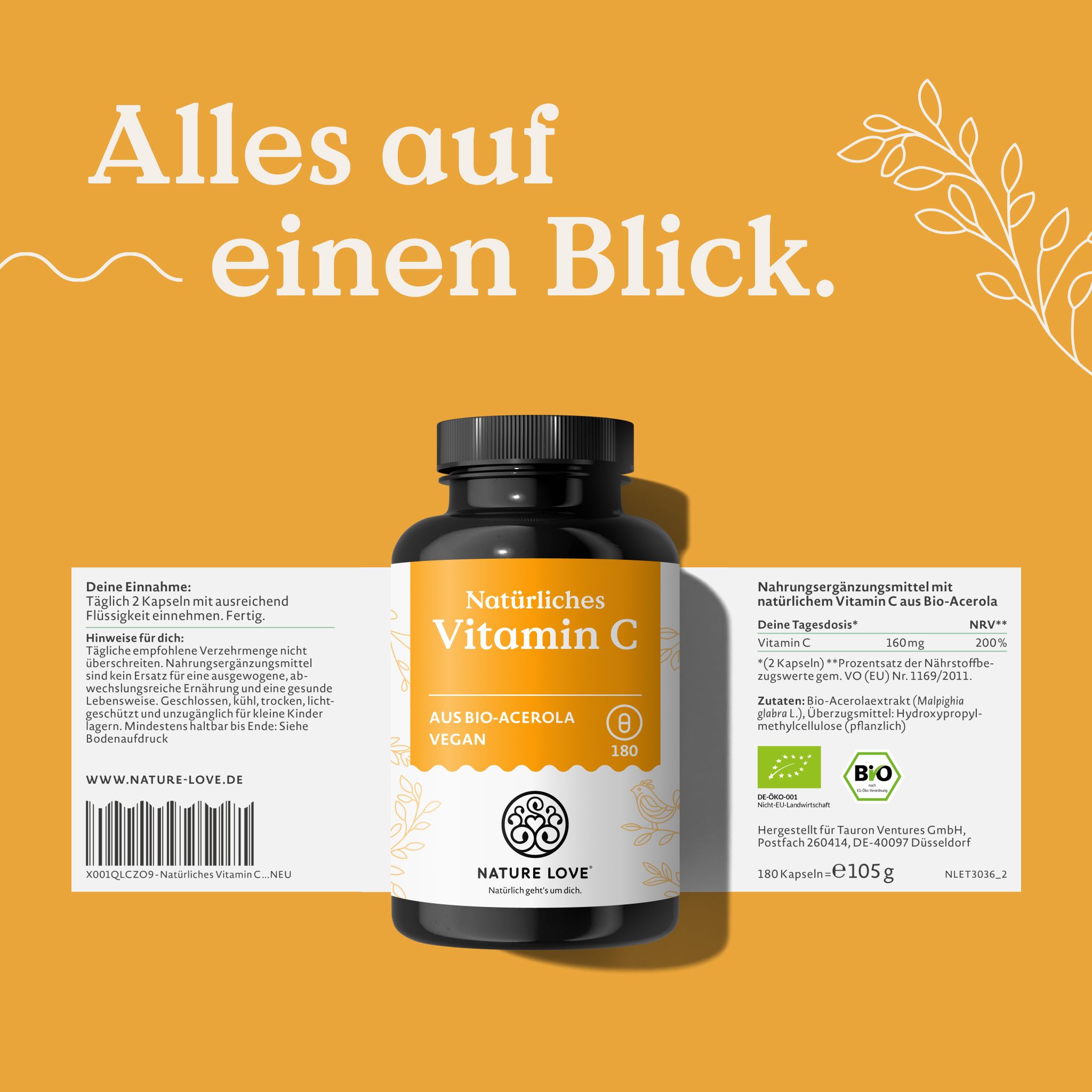 NATURE LOVE® Natürliches Vitamin C aus Bio Acerola Extrakt - Hochdosiert - 180 Kapseln