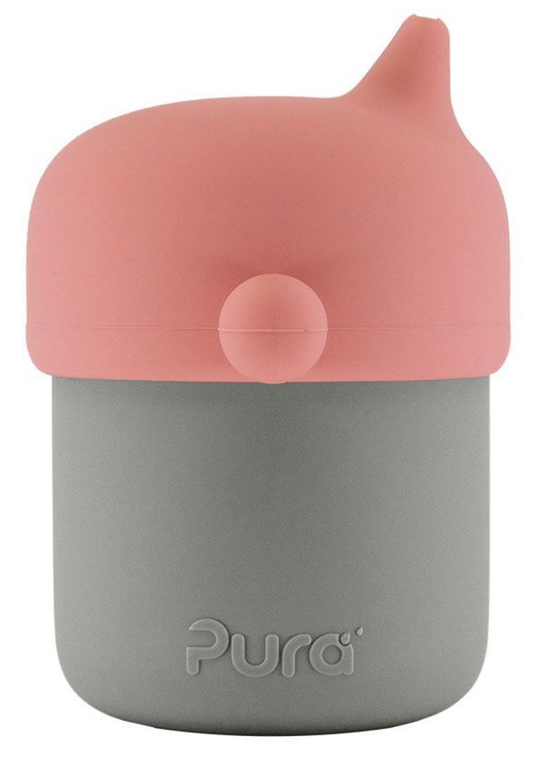 Trinklernbecher, zweifarbig. Oberteil rosa, Unterteil grau. Oberteil mit rundem Griff und spitzem Ausguss. Marke Pura.