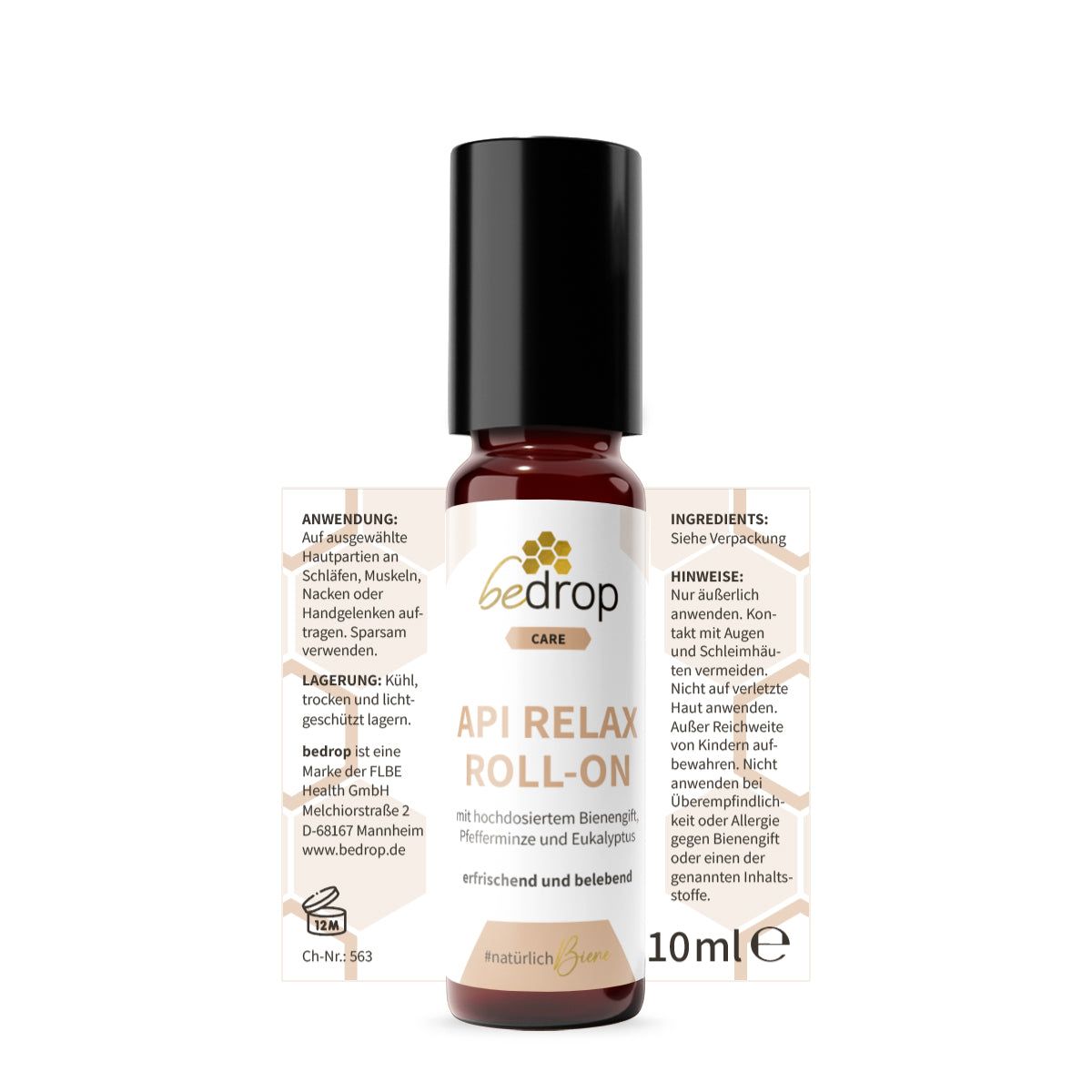 Braune Glasflasche mit schwarzem Deckel. Aufschrift: bedrop API RELAX ROLL-ON. Produktinformationen und 10ml.