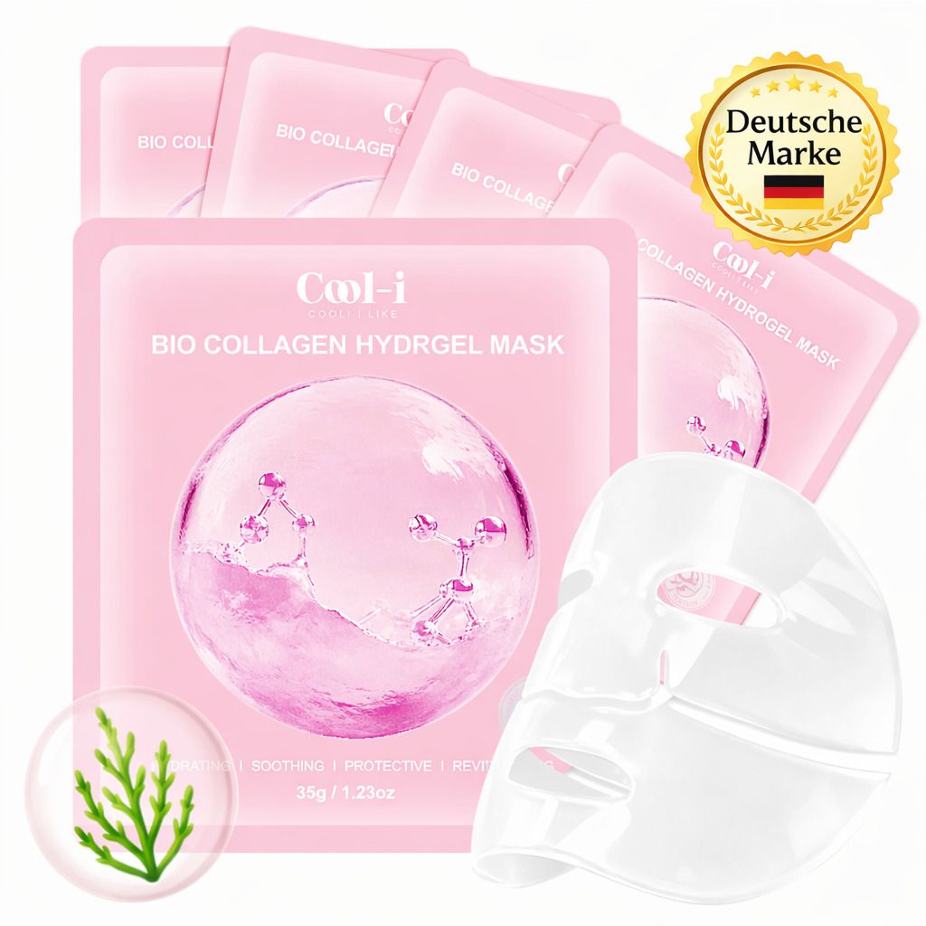 Mehrere Packungen Bio Collagen Hydrgel Maske. Einzelne Maske daneben. Deutsche Marke Siegel.