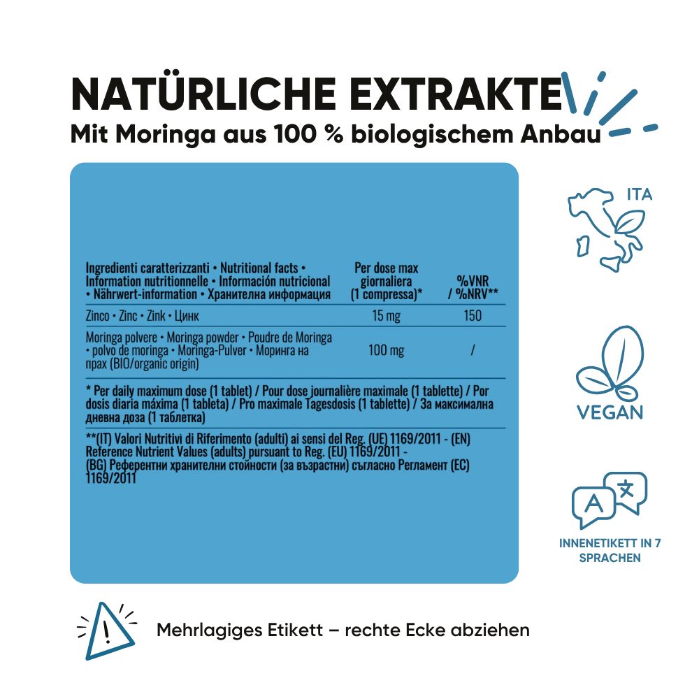 Flasche Zink und Moringa, Nährwertangaben, vegan, Etikett in 7 Sprachen.