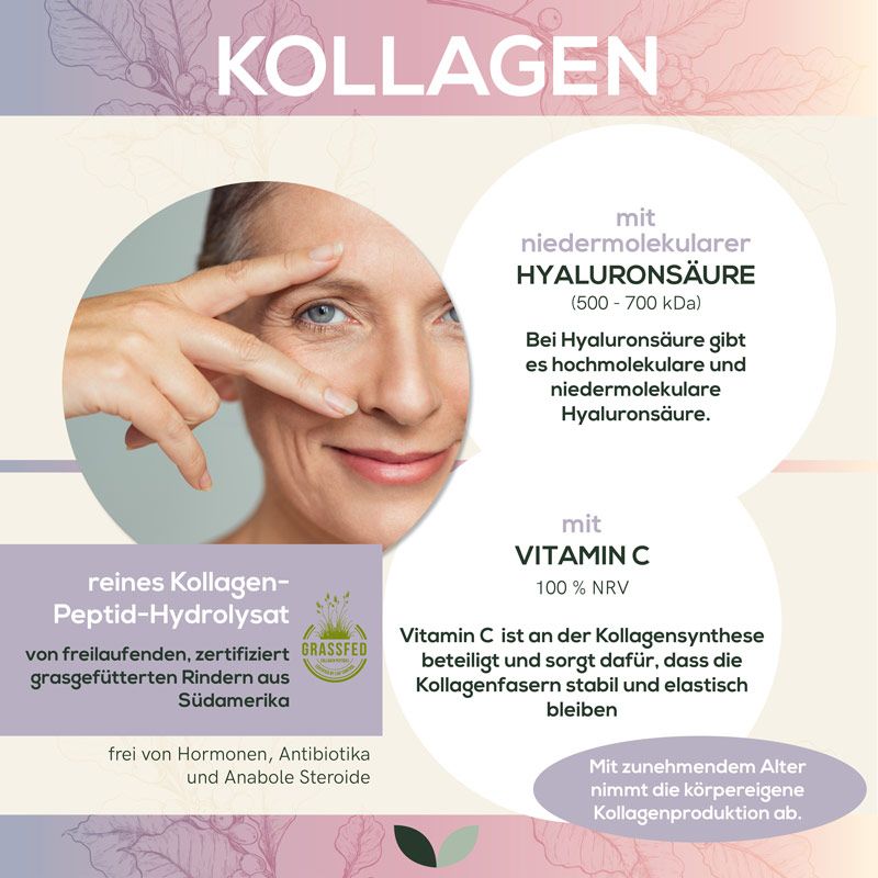 Werbebild mit Text und Frau. Text: Kollagen mit Hyaluronsäure & Vitamin C. Reines Kollagen-Peptid-Hydrolysat. Grasgefütterte Rinder.
