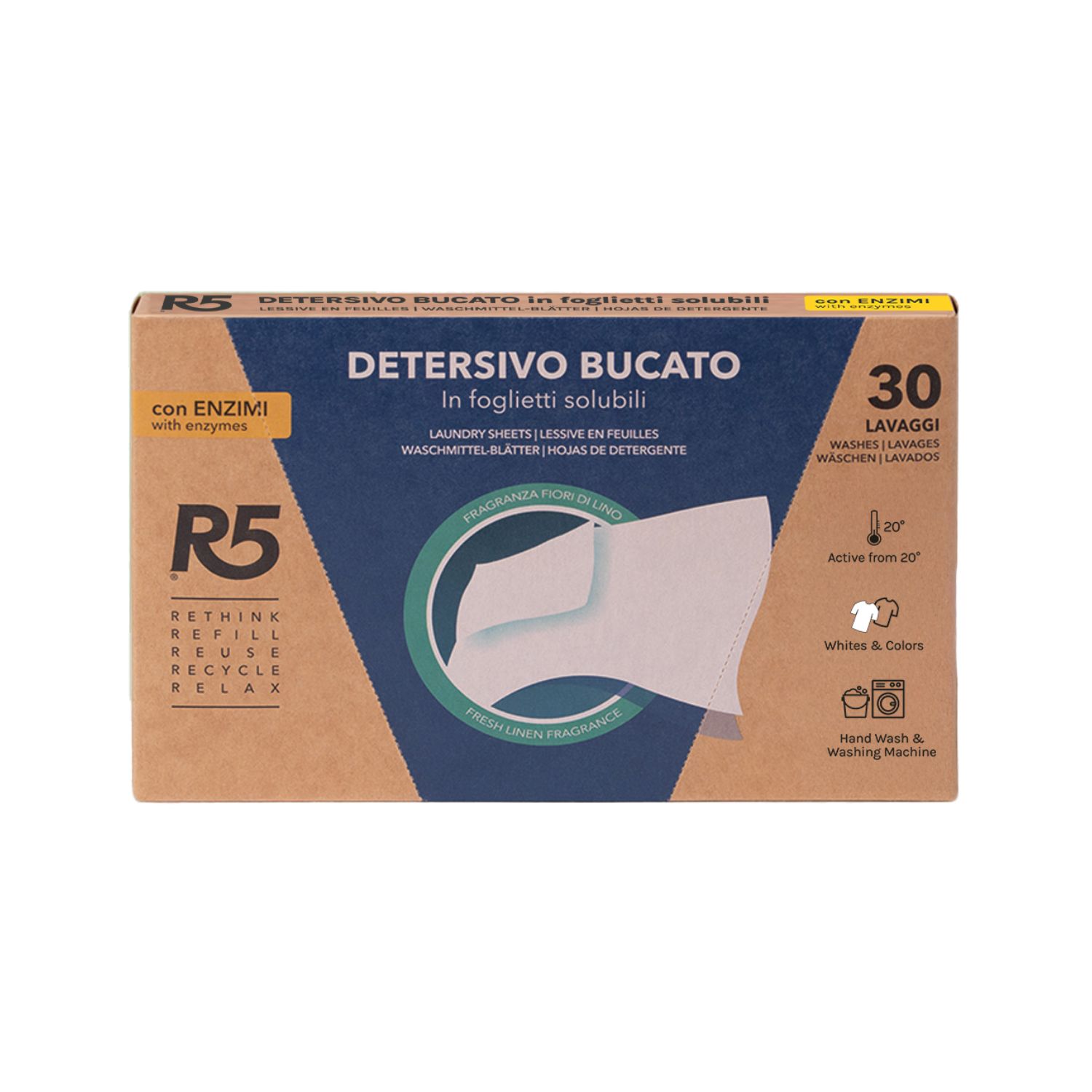 Verpackung von R5 Waschmittel-Blättern mit Produktinformationen.
