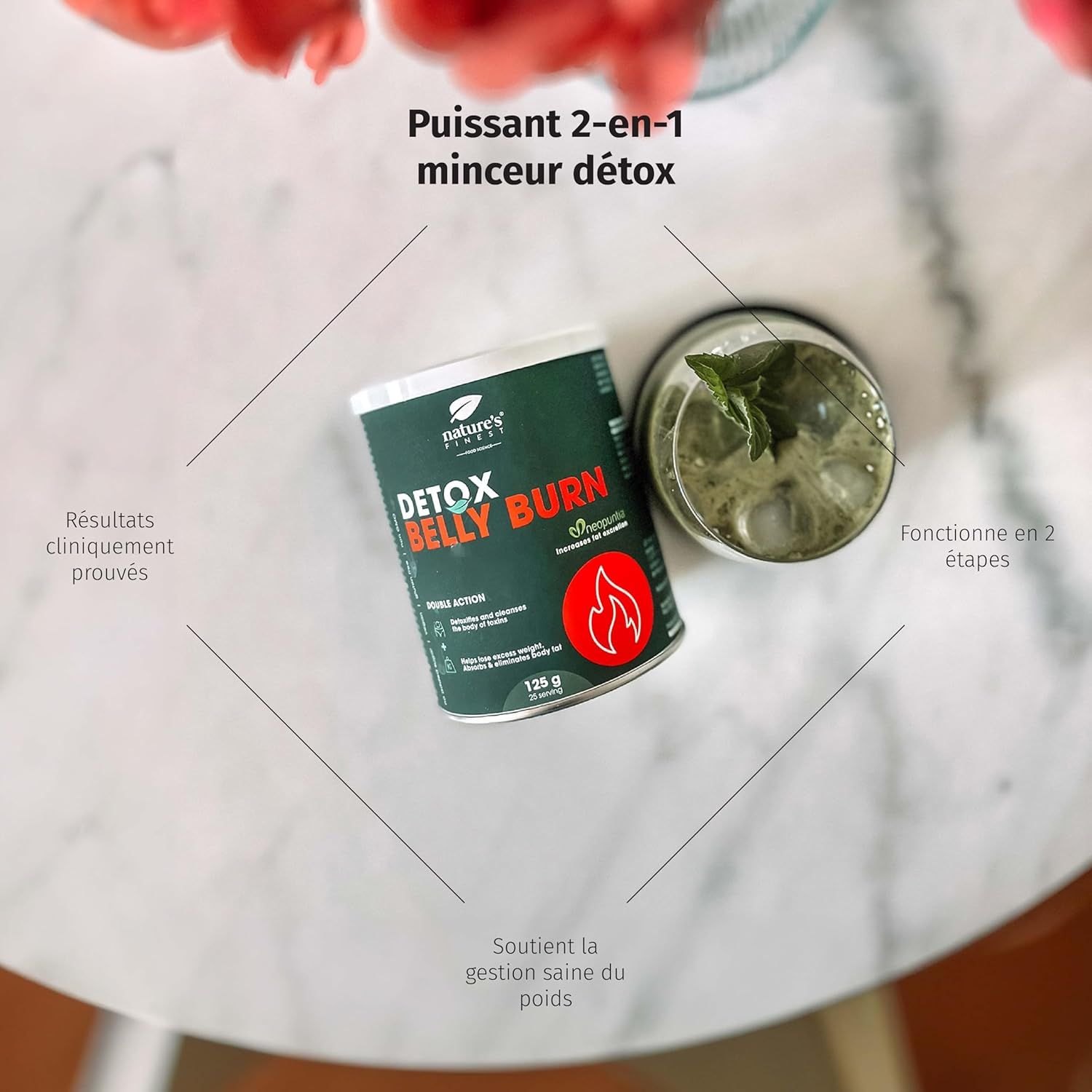 Boîte "DETOX BELLY BURN" 125 g. Ingrédients : Opuntia, Chlorella, Chardon-Marie. Explications texte.
