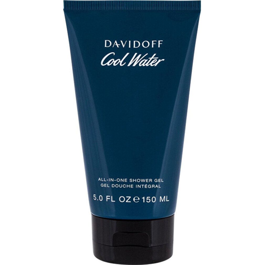 Davidoff Cool Water Man Duschgel. Blaue Tube mit schwarzem Deckel. Produktname und Volumenangabe.