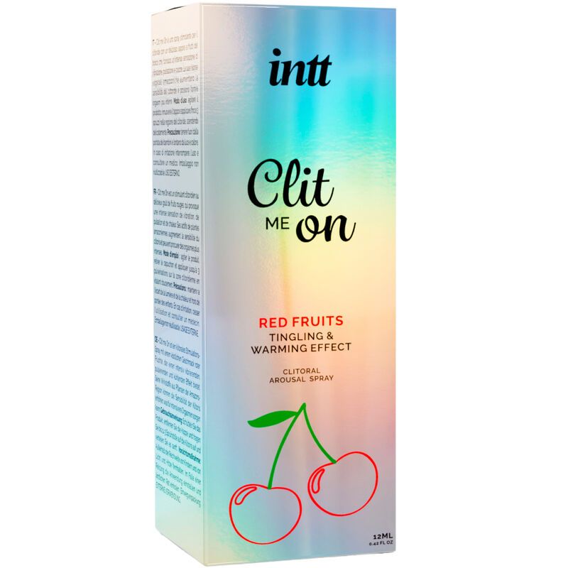 Produktverpackung. Schachtel mit Aufschrift "intt Clit me on Red Fruits". Kirsch-Illustration.