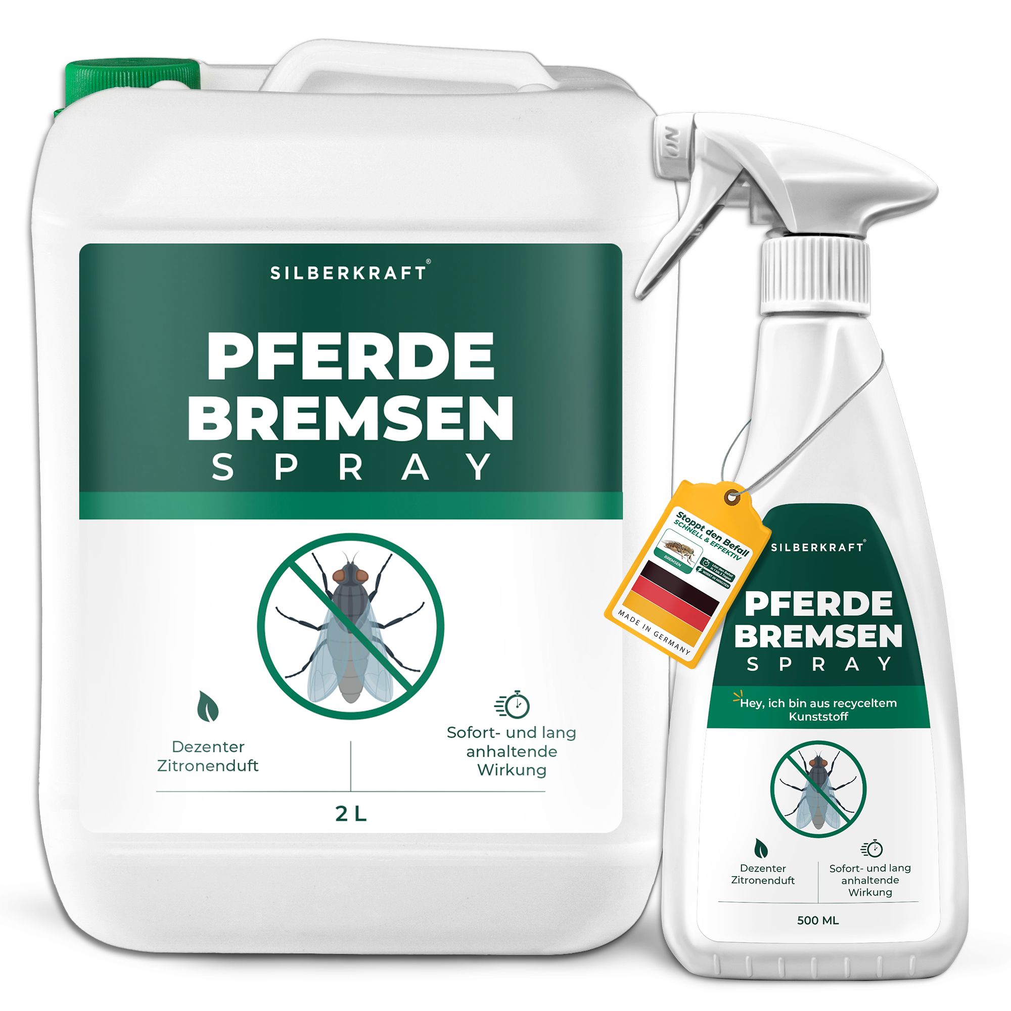 Silberkraft Pferde Bremsen Spray, 2L Kanister und 500ml Sprühflasche. Abbildung einer Fliege.