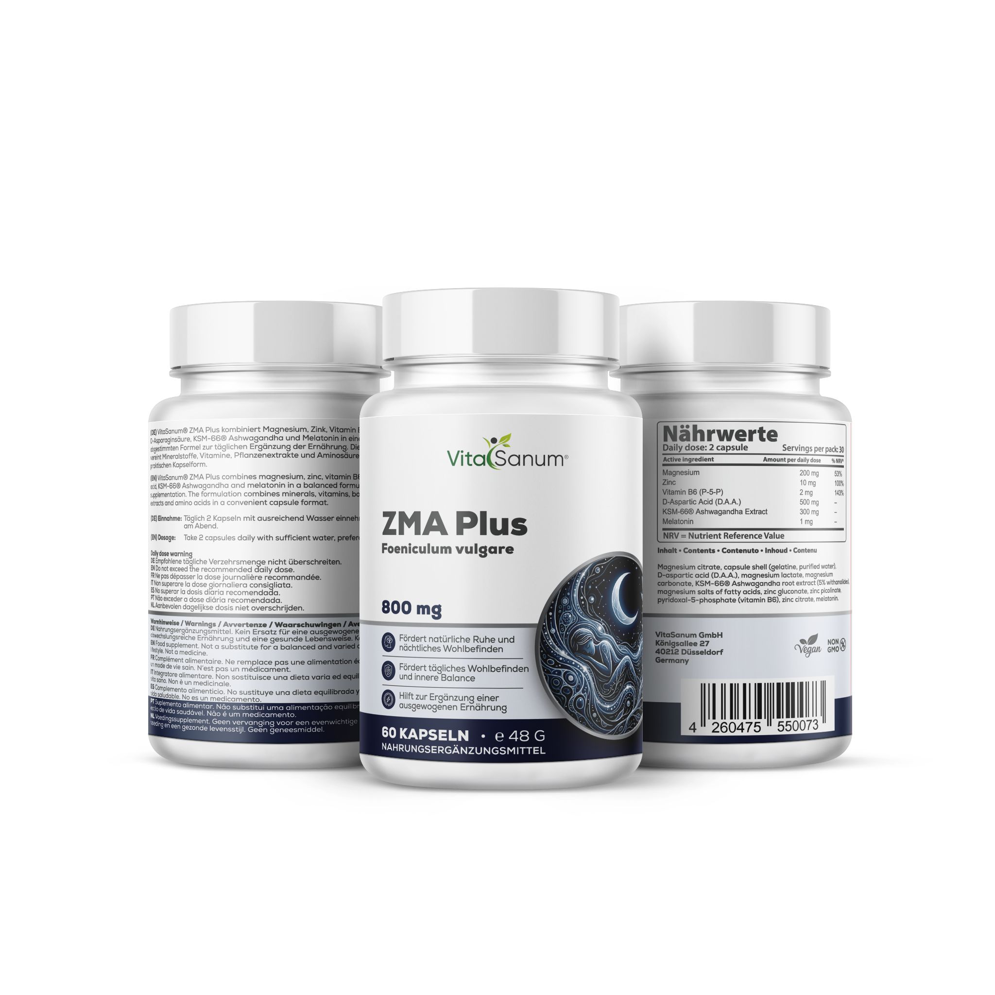 Drei Dosen VitaSanum ZMA Plus Kapseln, 800 mg. Vorderseite mit Mond-Symbol, Rückseiten mit Nährwertangaben.