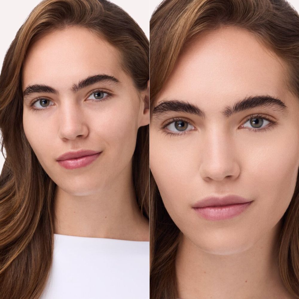 Zwei Gesichter einer Frau. Links ungeschminkt, rechts mit Make-up. Beide zeigen einen ebenmäßigen Teint.