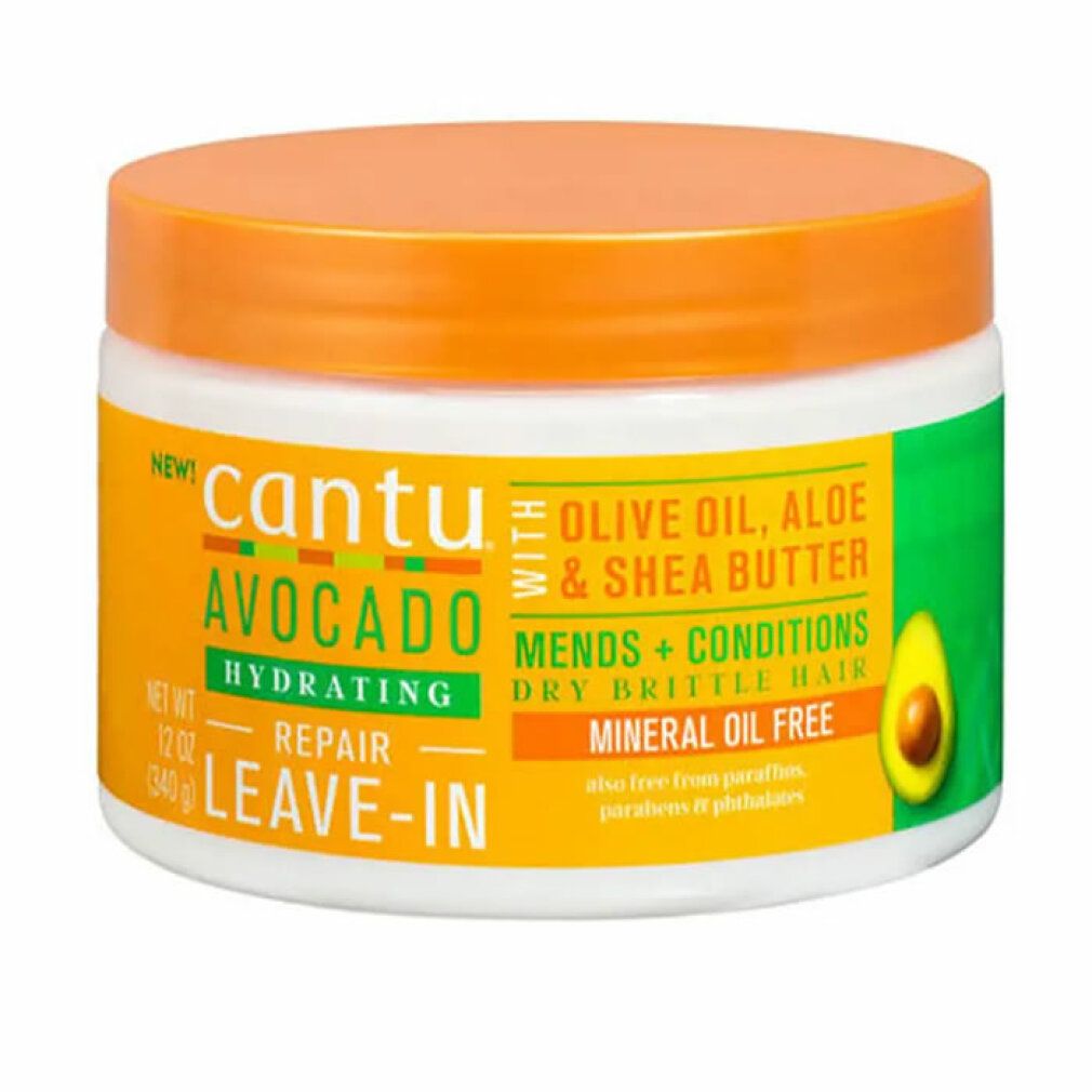 Cantu Avocado Hydrating Repair Leave-In. Weiße Dose mit orangefarbenem Deckel. Gelbes Etikett mit grünen und weißen Akzenten. Avocado-Illustration.