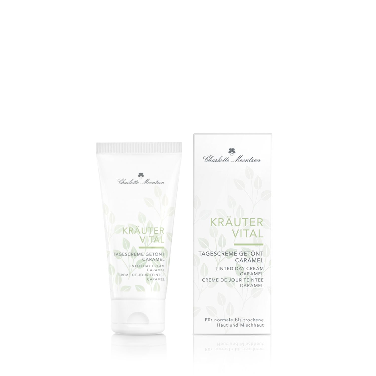 Tube und Verpackung. Tube mit Produktnamen und Logo. Verpackung mit Produktnamen und Logo. Text: Kräuter Vital Tagescreme getönt Caramel.