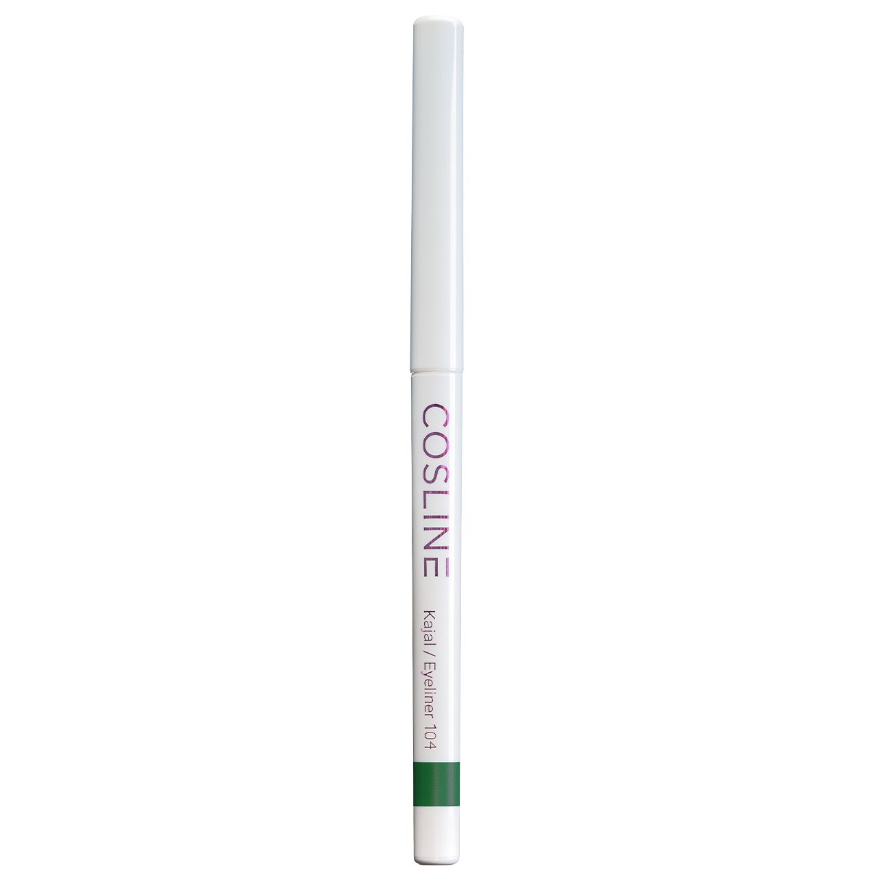 Weißer Kajal-Eyeliner von Cosline. Grüner Stift. Text: "Kajal / Eyeliner 104".