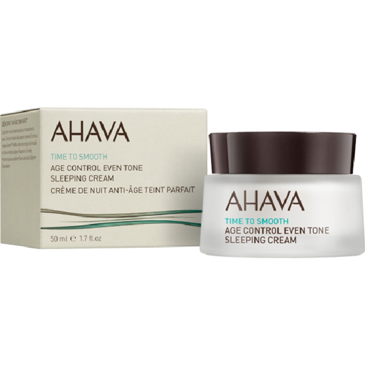 Creme-Tiegel und Verpackung. Aufschrift: AHAVA, Time to Smooth, Age Control Even Tone Sleeping Cream. 50 ml.
