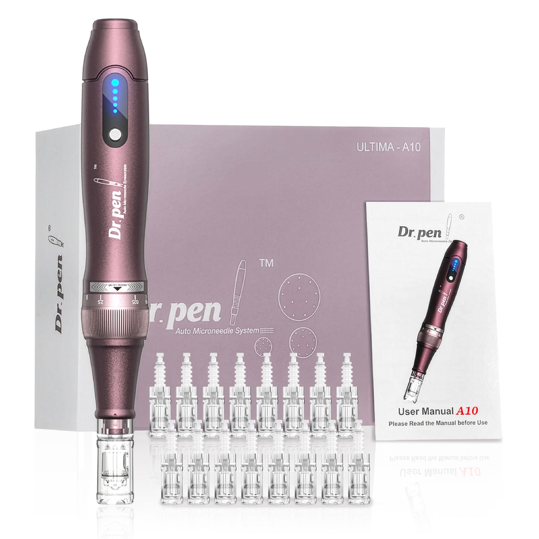 Lila Dr. Pen Ultima A10 Microneedling-Stift mit 10 Nadelkartuschen und Bedienungsanleitung.