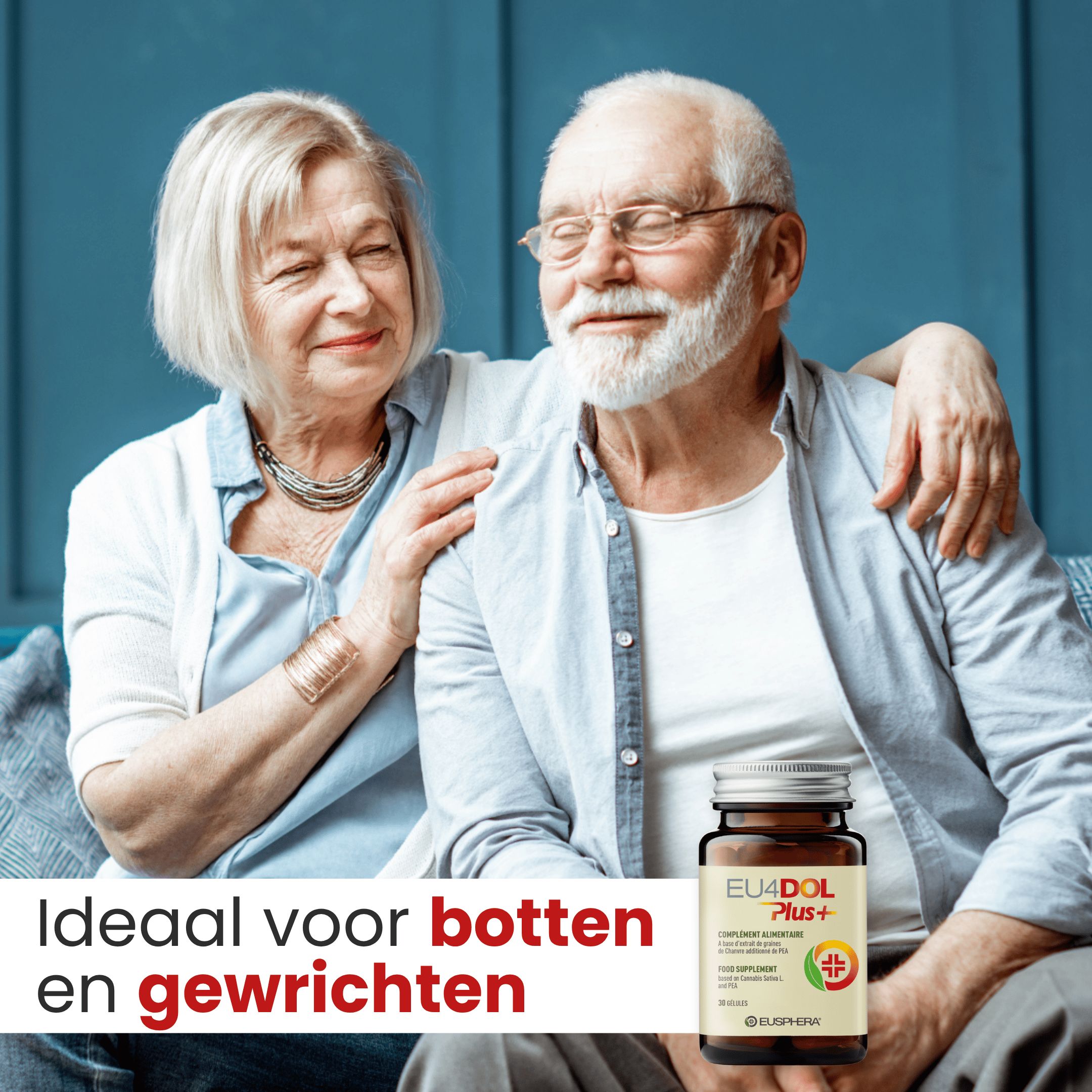 EU4DOL Plus+ fles. Tekst: Natuurlijk voedingssupplement voor mannen en vrouwen. Eusphera logo.