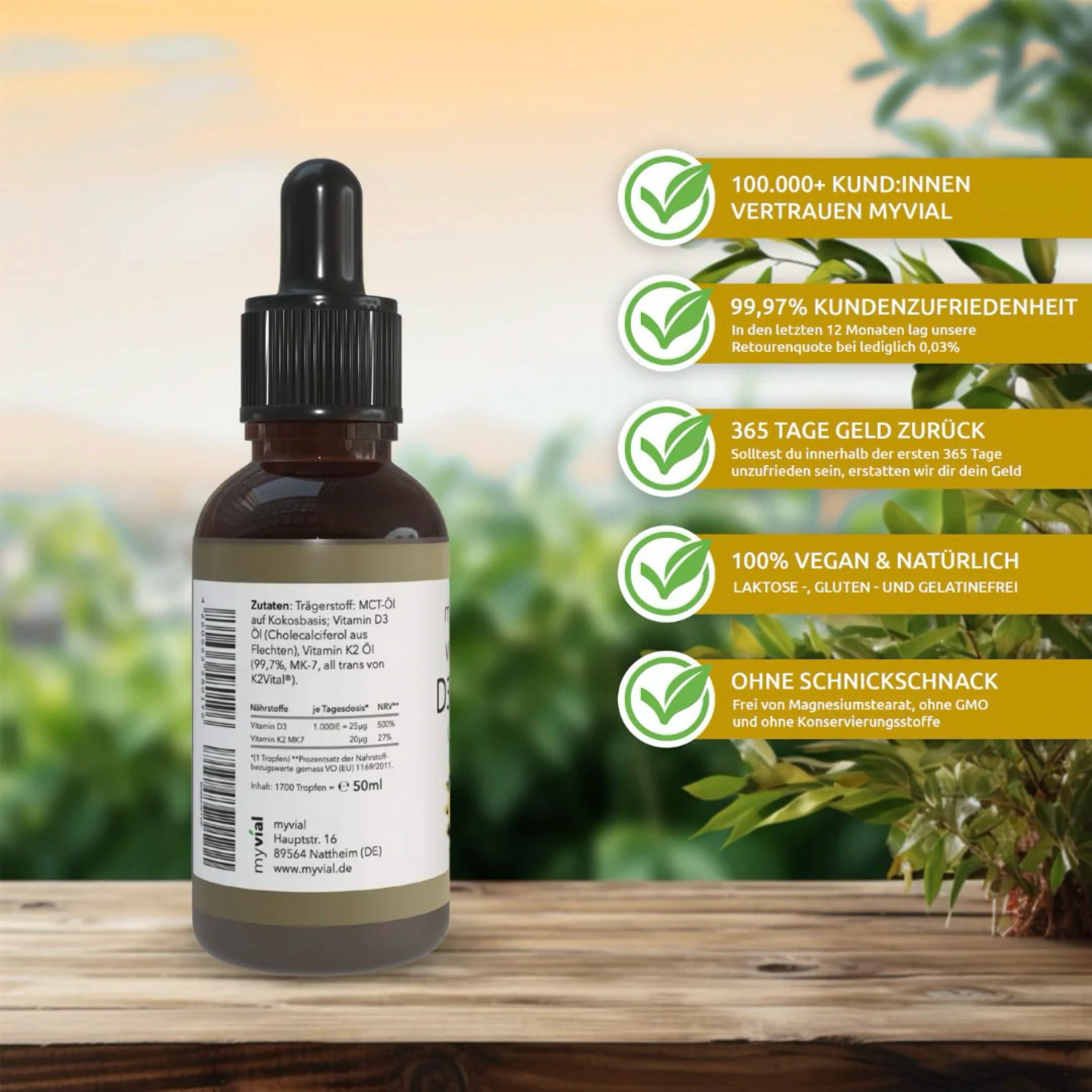 Braune Tropfflasche mit schwarzem Tropfer. Etikett mit Inhaltsstoffen und Text. Text: "100.000+ Kunden vertrauen myvial".