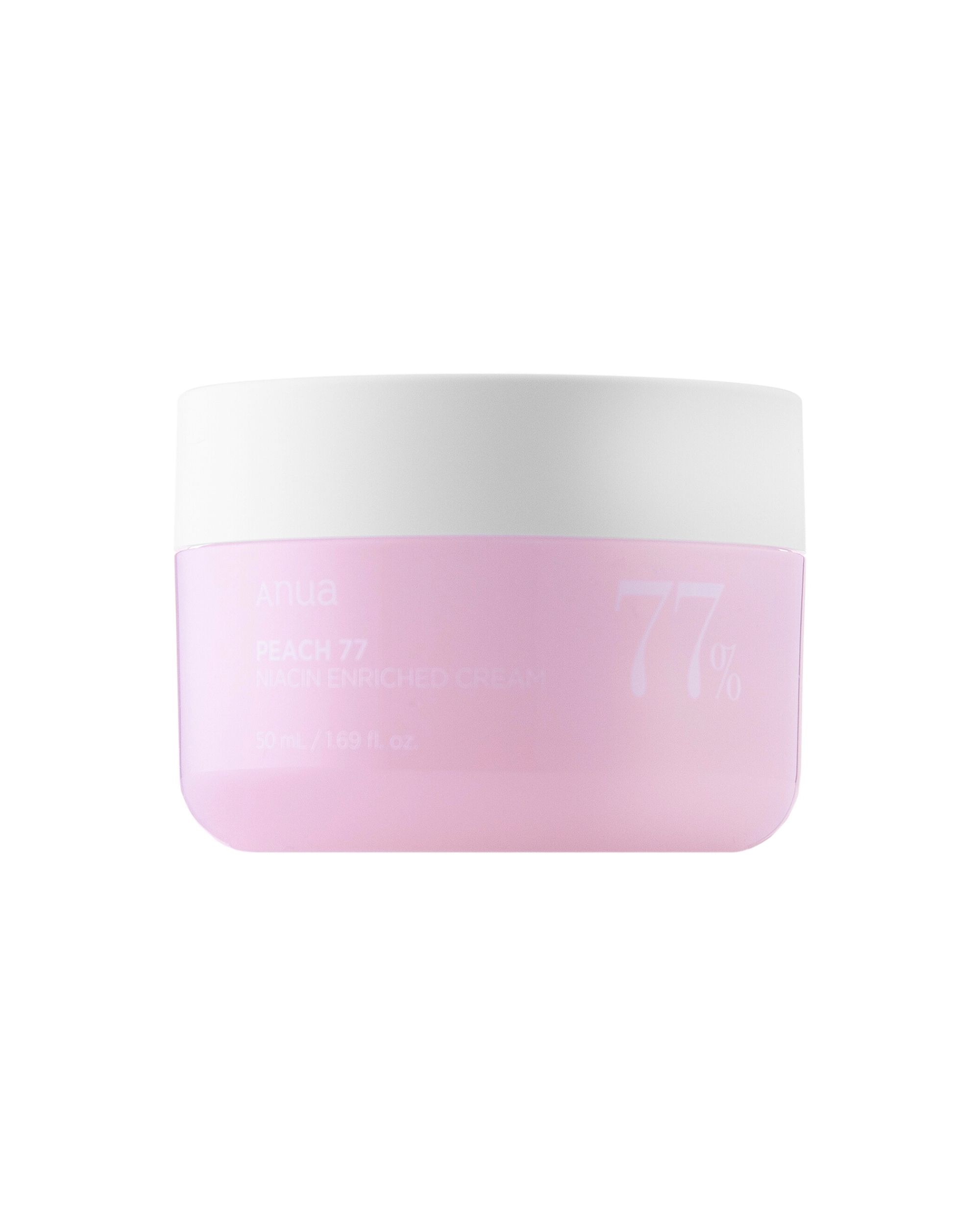Rosa Creme-Dose mit weißem Deckel. Aufschrift: ANUA Peach 77% Niacin Enriched Cream. Prozentzahl 77%