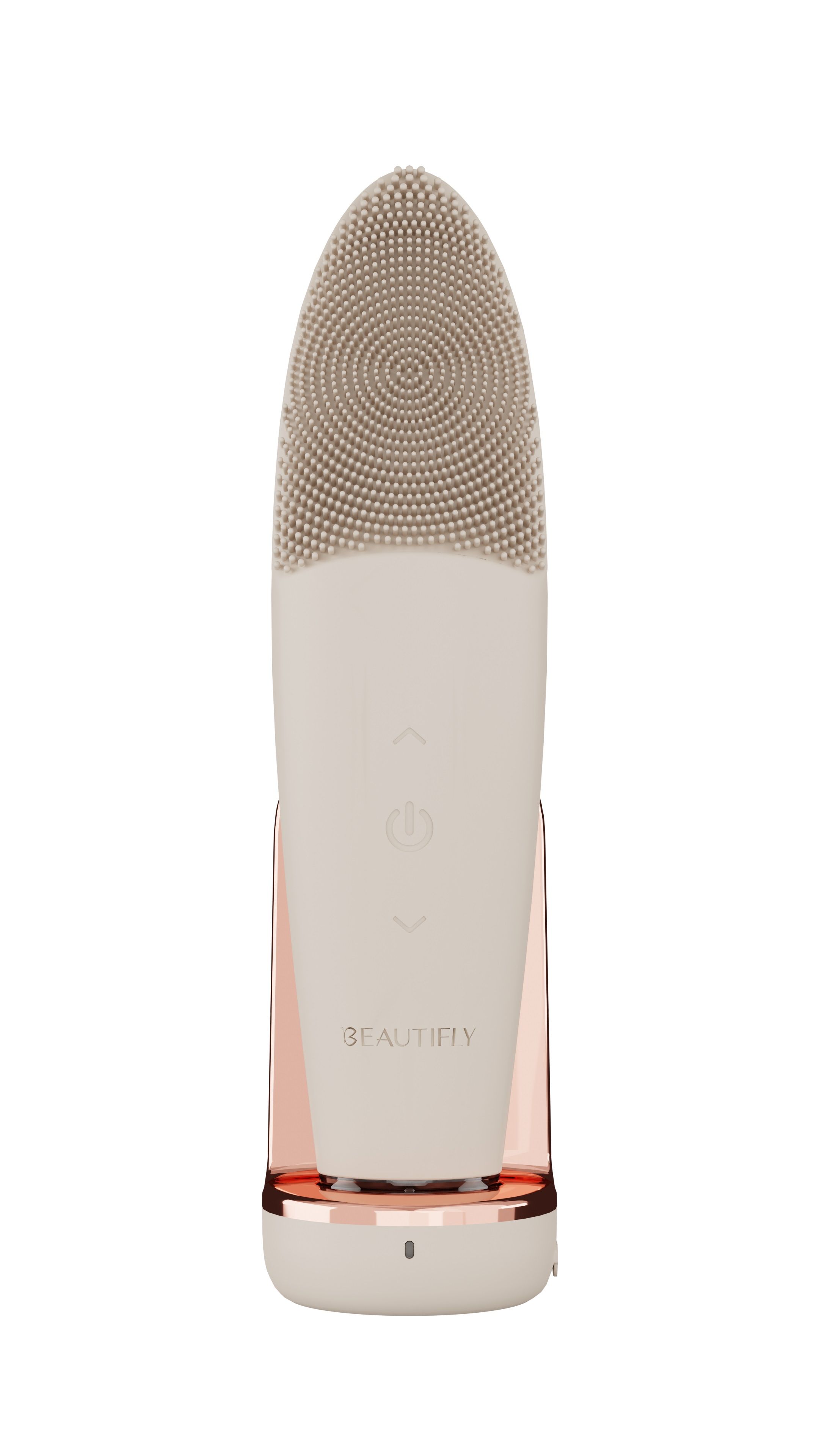 Gesichtsbürste mit Silikonborsten, weißes Gehäuse, roségoldfarbene Basis. Mit Ladeschale. Marke: BEAUTIFLY.