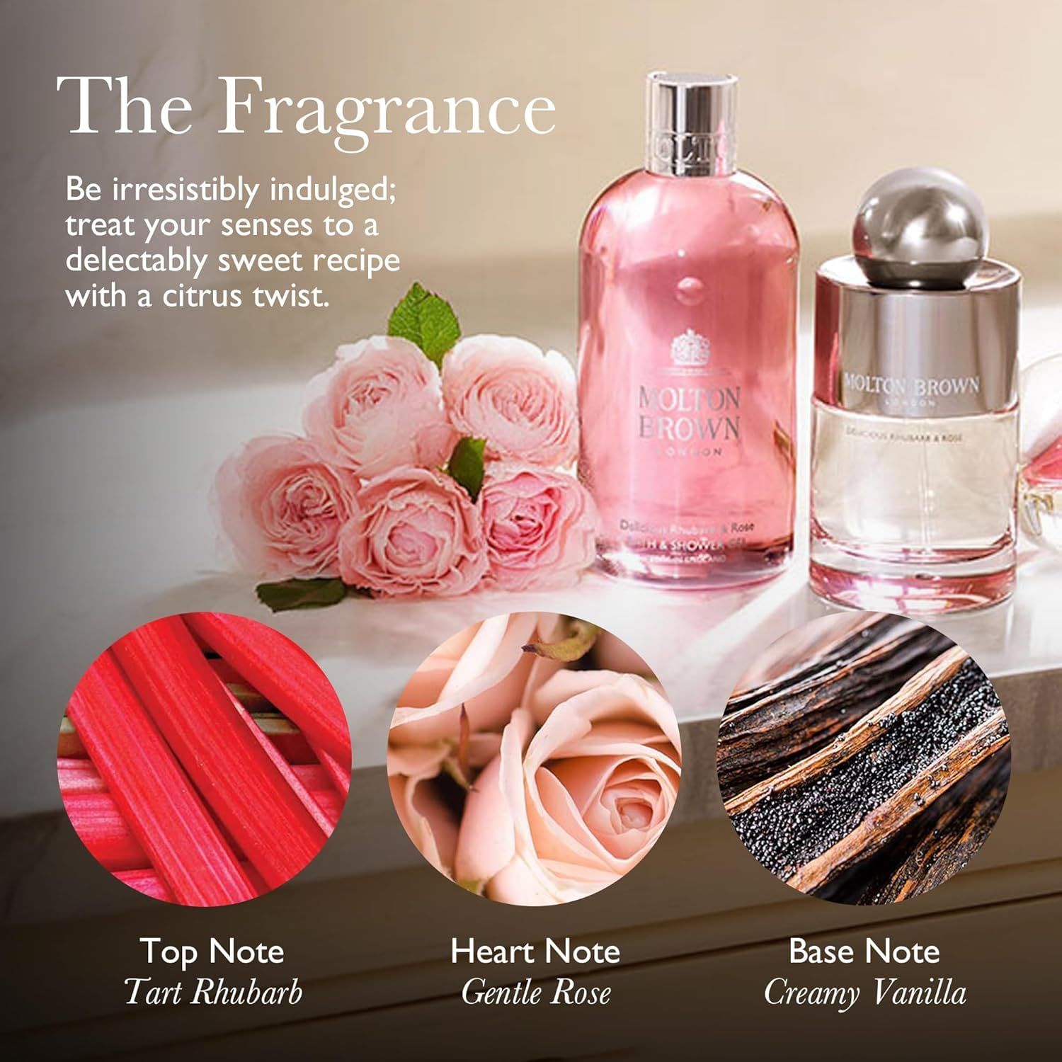 Werbung für Molton Brown Produkte. Abgebildet sind Parfümflaschen, Rosen und Zutaten: Rhabarber, Rosen, Vanille.