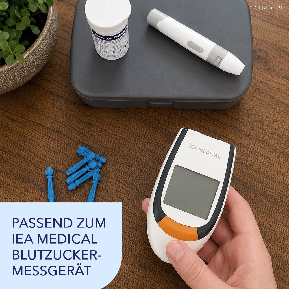 Blutzuckermessgerät, Stechhilfe, Lanzetten und Fläschchen auf Tisch, Text: Passend zum IEA MEDICAL Blutzuckermessgerät.