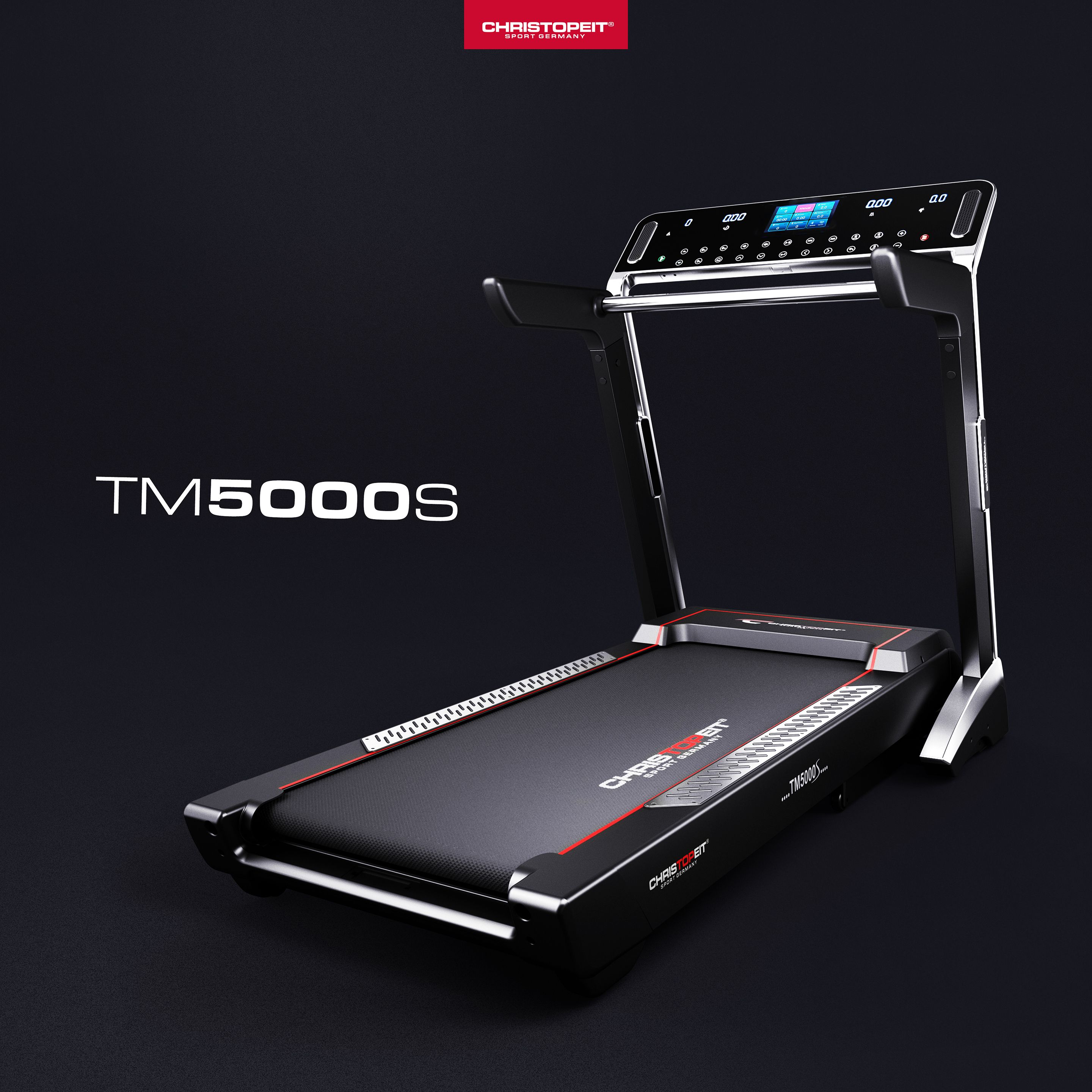 Schwarzes Laufband mit roter Linie. Text: TM5000S. Konsole mit Display. Marke CHRISTOPEIT SPORT.