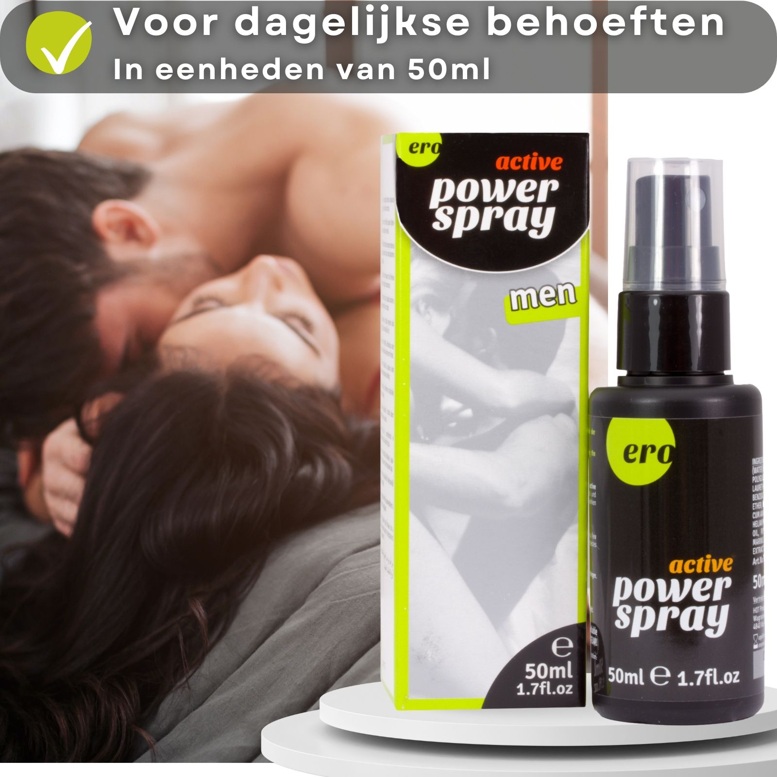 Ero Power Spray fles en verpakking. Paar op de achtergrond. Tekst met groene vinkjes.