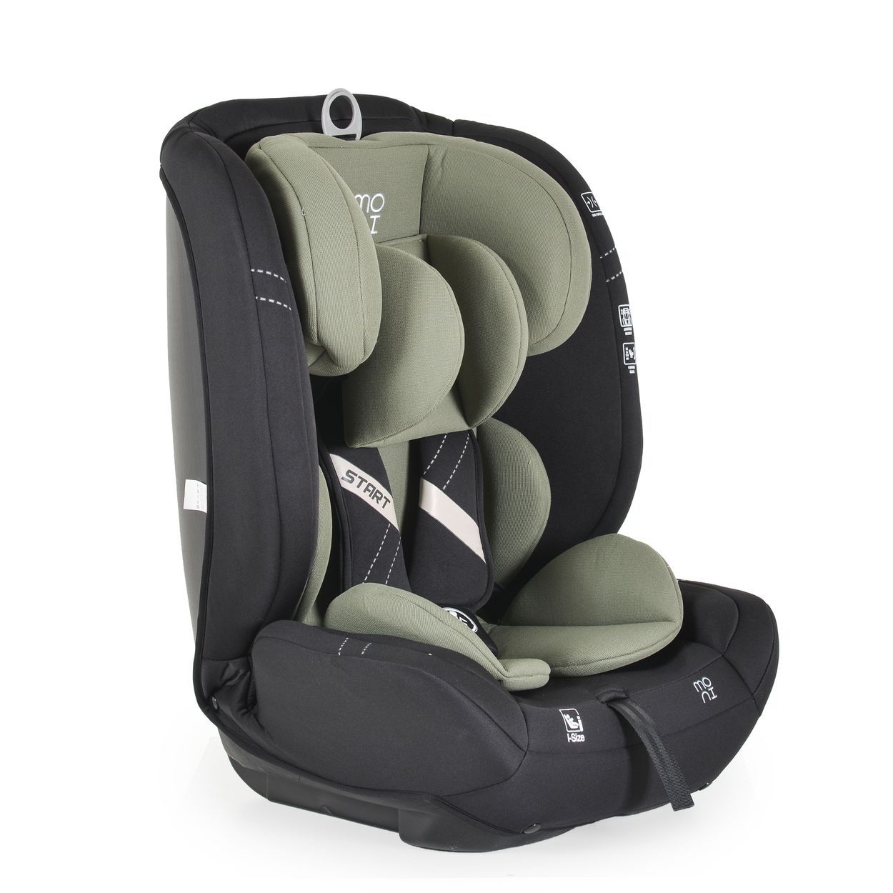Grüner Kindersitz mit schwarzem Bezug, verstellbarer Kopfstütze und 5-Punkt-Gurt. "START"-Aufdruck.