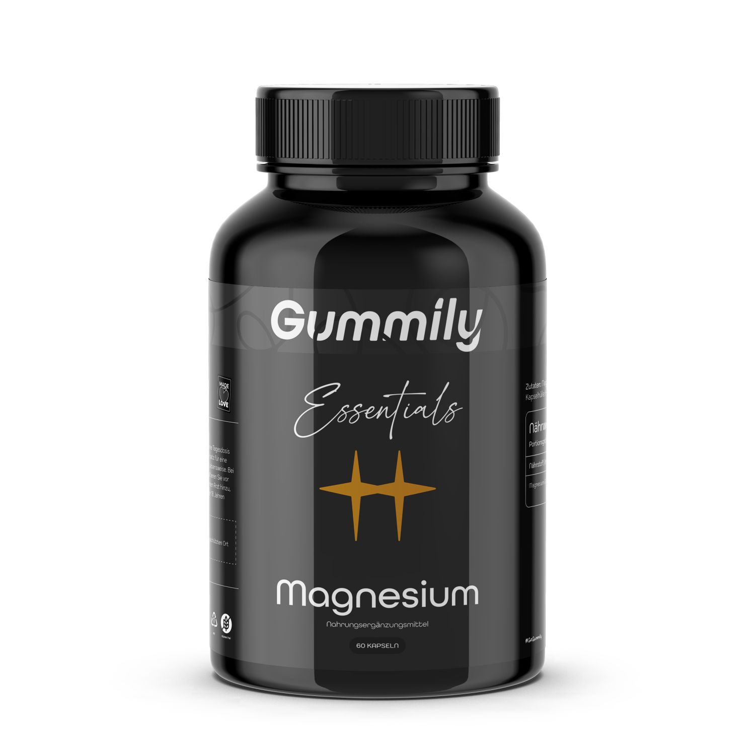 Schwarze Flasche Gummily® Magnesium Kapseln. Aufschrift: Essentials, Magnesium. Goldfarbenes Logo.