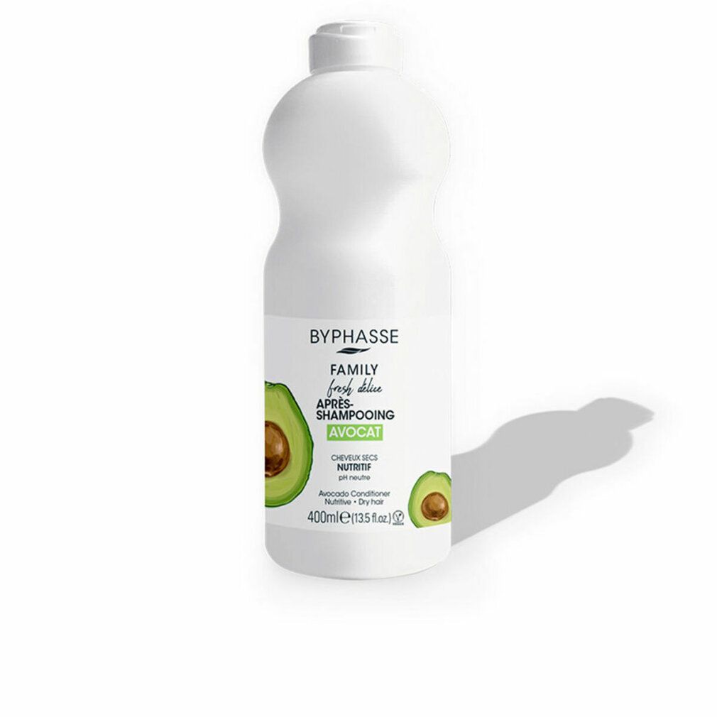 Weiße Flasche mit Avocado-Abbildung und Schriftzug. Enthält Avocado-Conditioner für trockenes Haar. Marke: Byphasse.