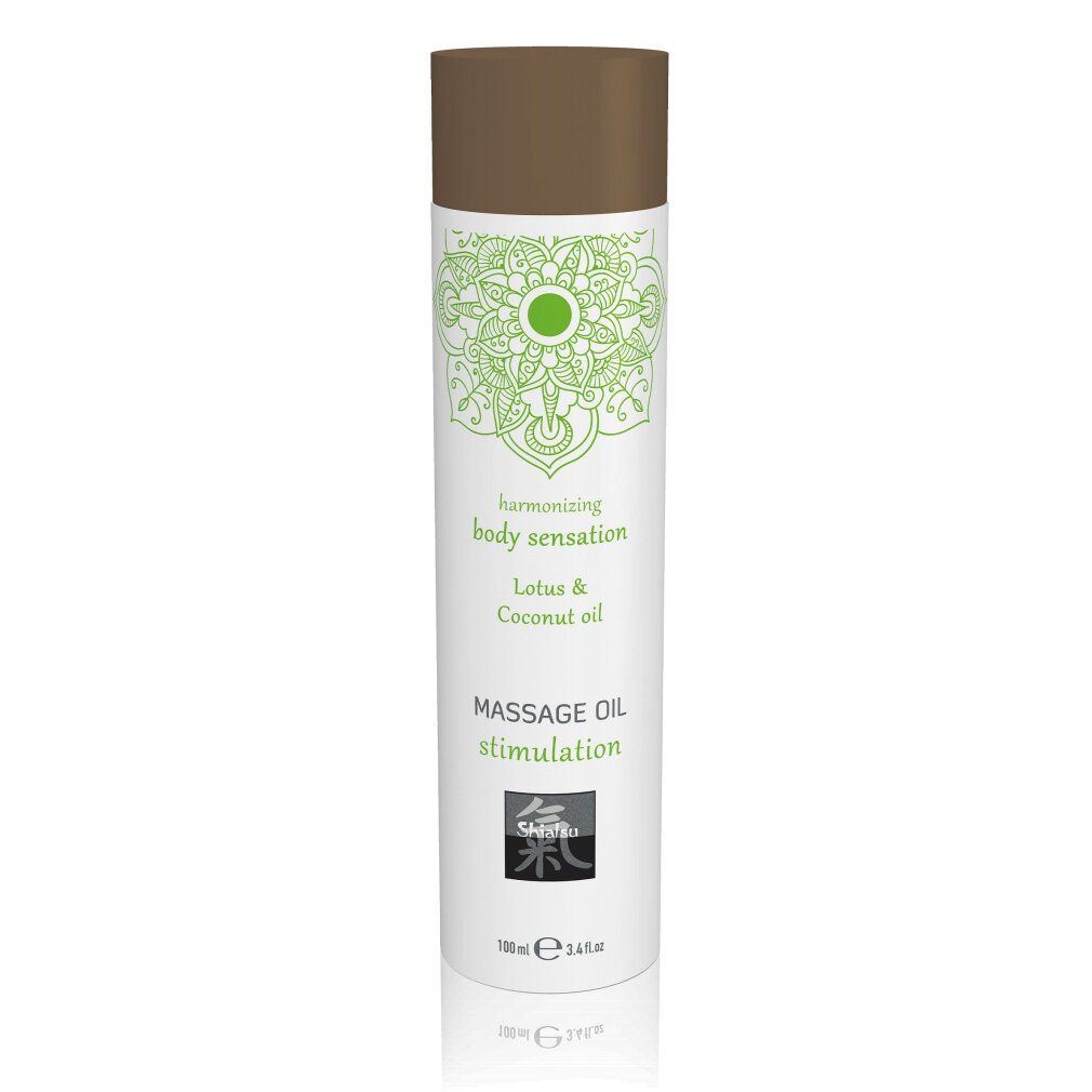 Zylindrische Flasche mit braunem Deckel. Aufschrift: Massage Oil stimulation, Lotus & Coconut oil. Grünes Mandala-Design.