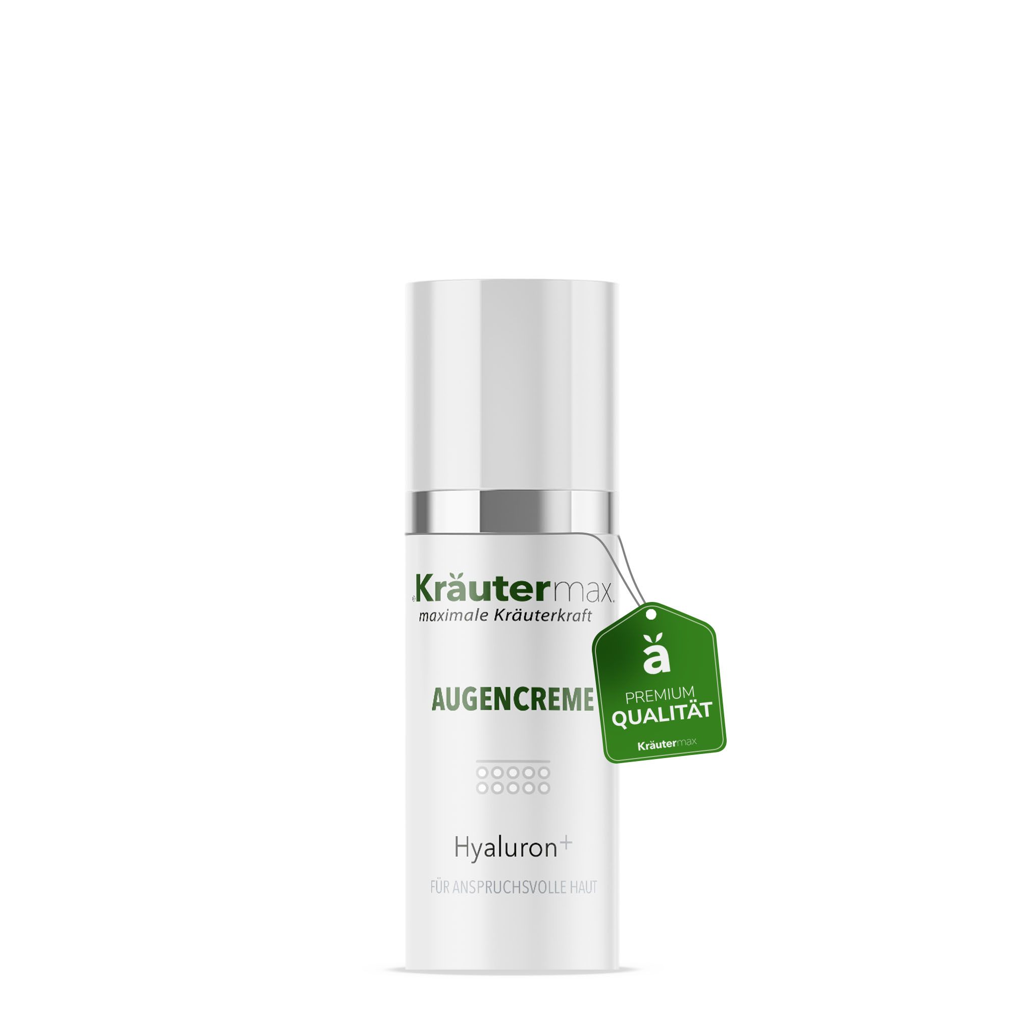 Augencreme-Flakon mit Etikett und Anhänger. Aufschrift: Kräutermax, Augencreme, Hyaluron, Premium Qualität.