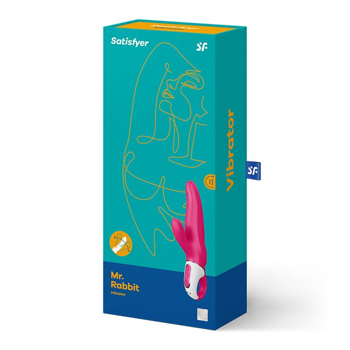 Verpackung von Satisfyer Vibrator. Produktname: Mr. Rabbit. Türkis-farbener Hintergrund.