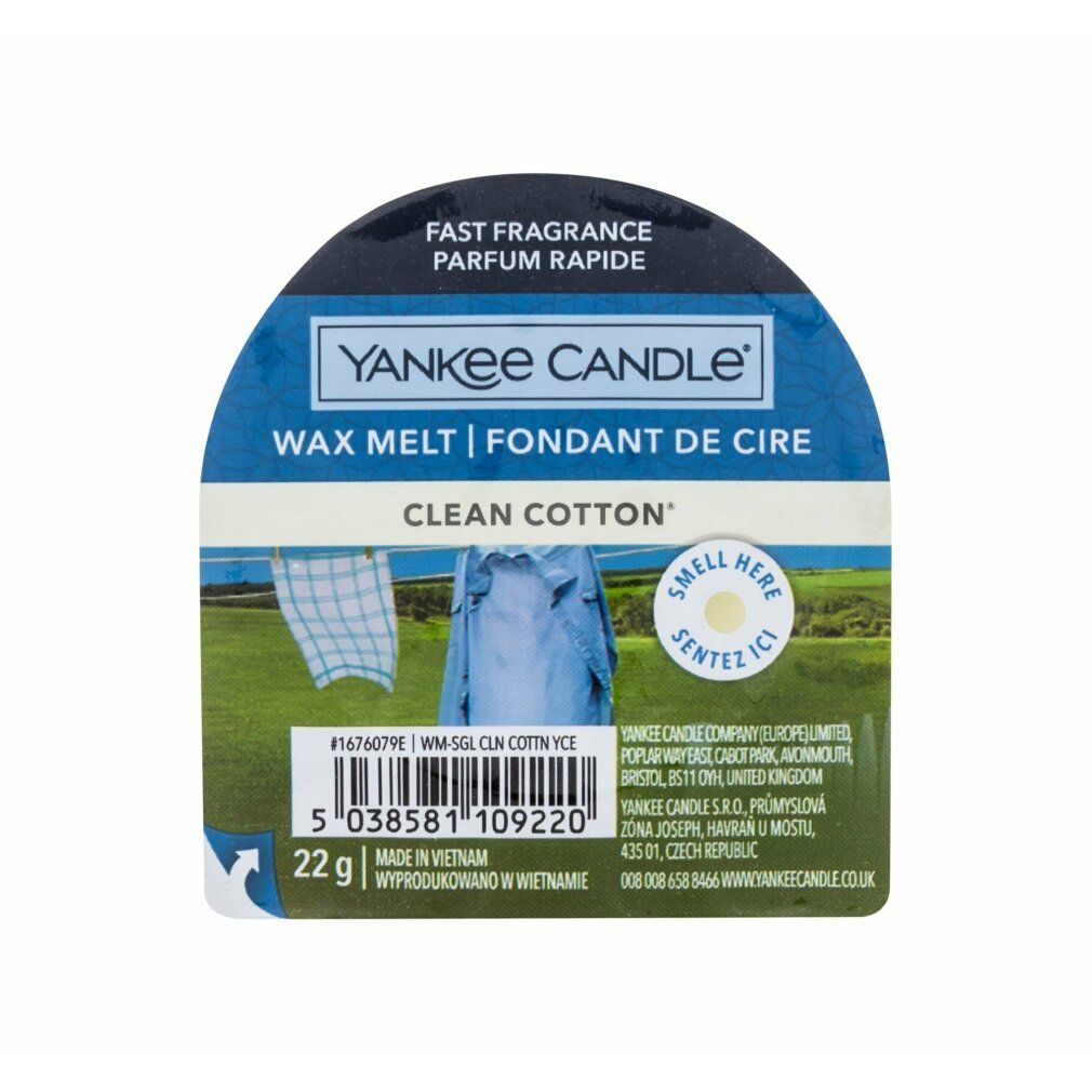 Yankee Candle Clean Cotton Wachs-Melts-Verpackung. Halbkreisförmig, mit Produktinformationen, Text und Abbildung von Wäsche auf der Leine.