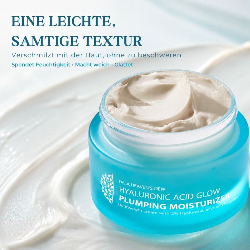 Ein blauer Tiegel mit der Aufschrift 'Hyaluronic Acid Glow Plumping Moisturizer'.