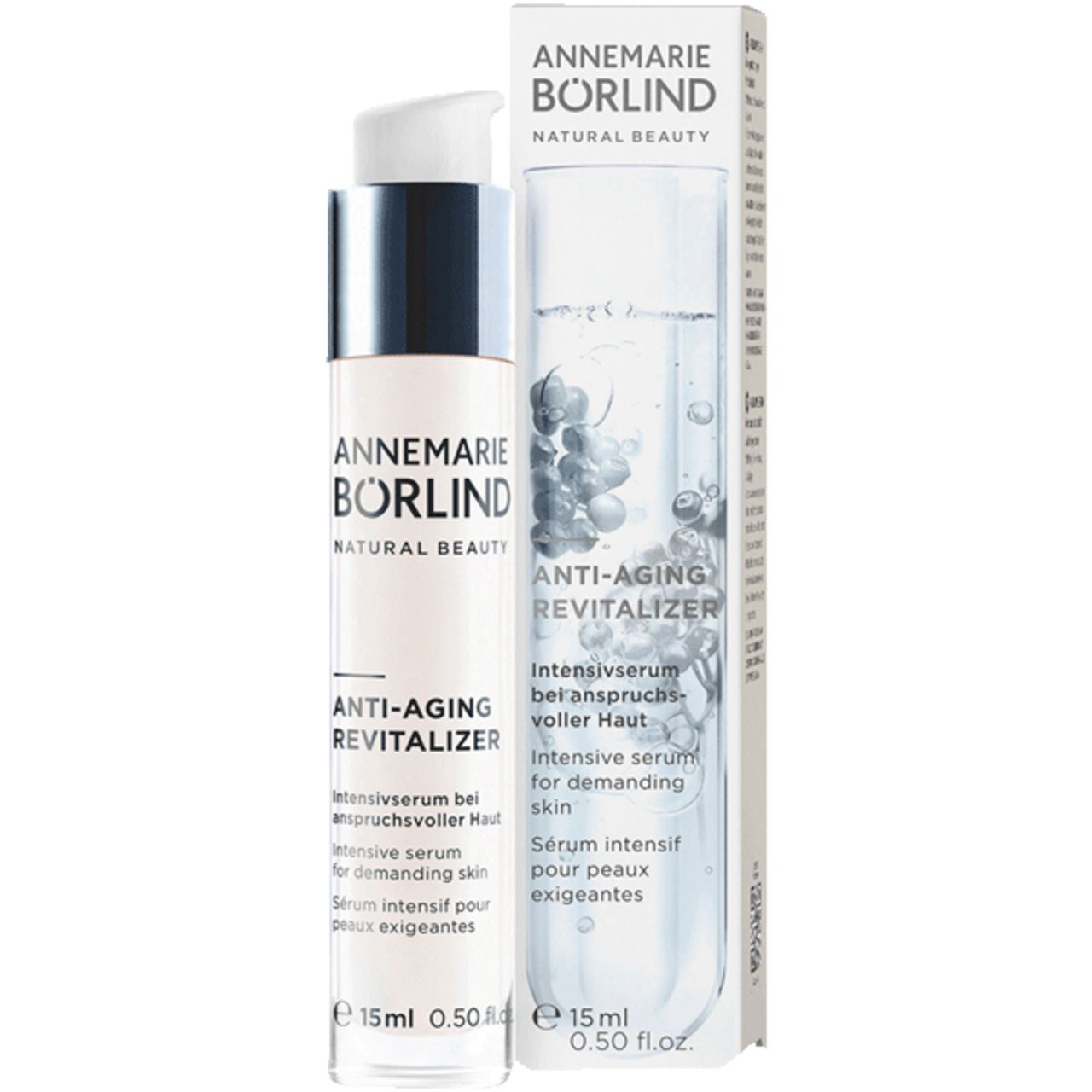 Serumflasche mit Pumpe. Text: Anti-Aging Revitalizer, 15 ml. Marke: Annemarie Börlind.