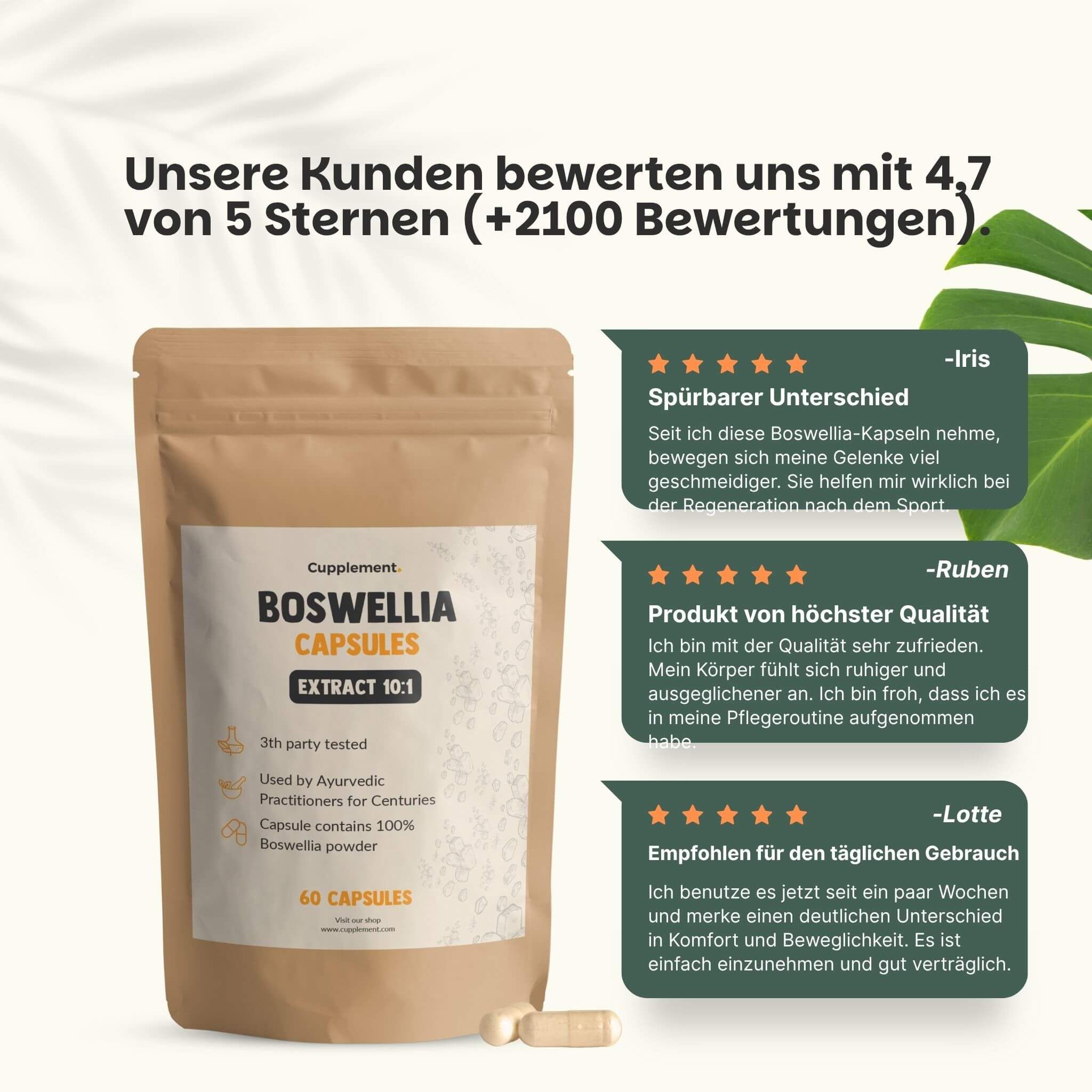 Braune Tüte mit Boswellia-Kapseln. Text: Kunden bewerten uns mit 4,7/5. Kundenbewertungen.