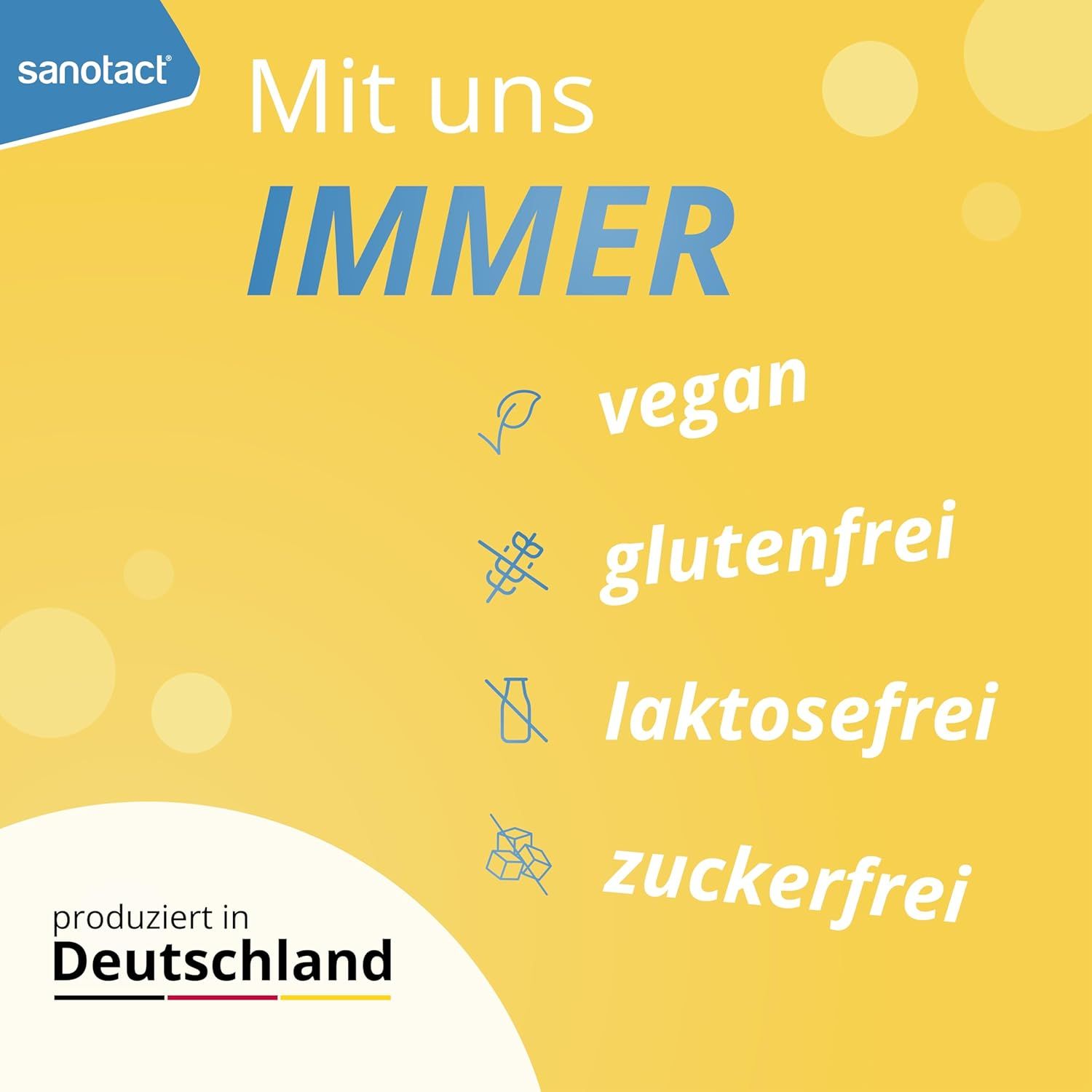 Text: Mit uns IMMER vegan, glutenfrei, laktosefrei, zuckerfrei. Hergestellt in Deutschland.