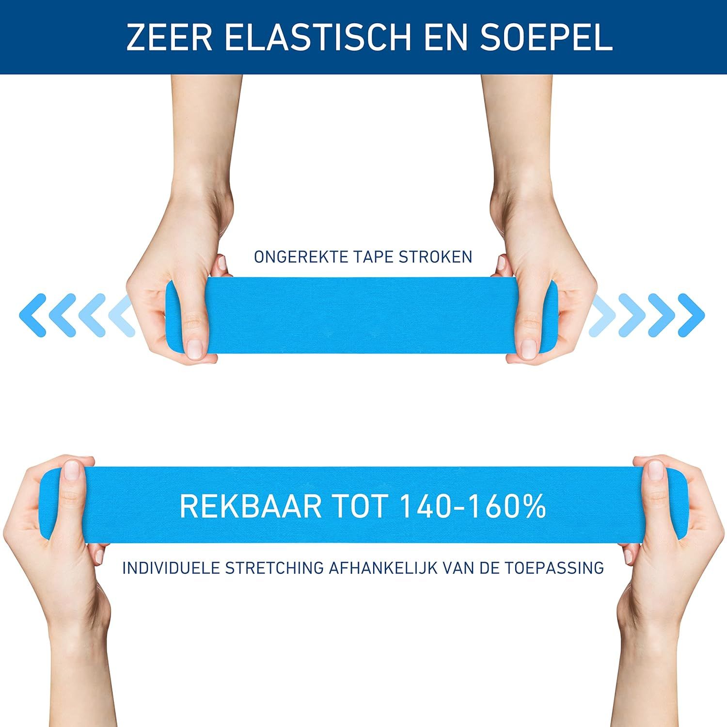 Handen houden blauwe kinesiotape. Rekbaar tot 140-160%.