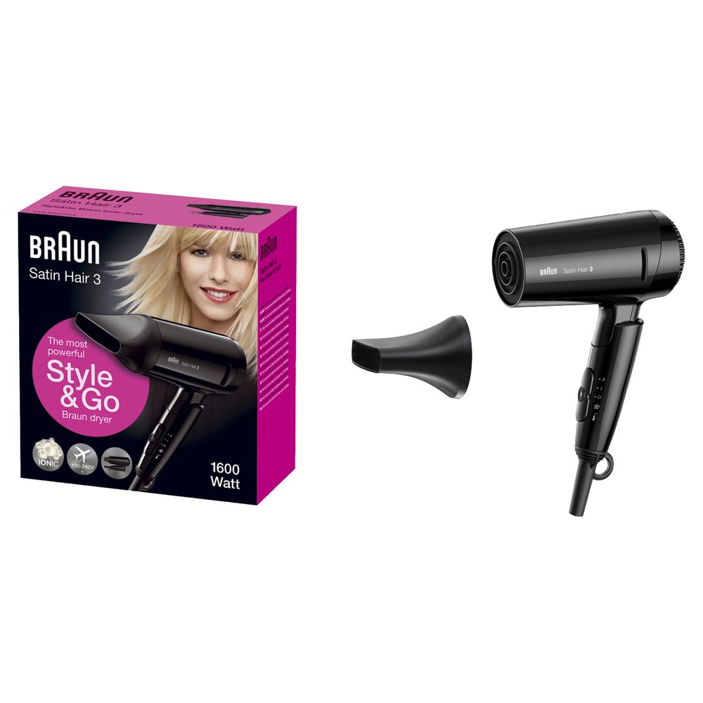 Haartrockner und Düse neben Verpackung. Verpackung mit Produktbild und Schriftzug Braun, Satin Hair 3, Style&Go, 1600 Watt.