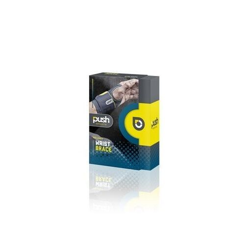 Verpackung der Handgelenkbandage. Graue, gelbe und blaue Box mit Produktabbildung und Push-Logo.