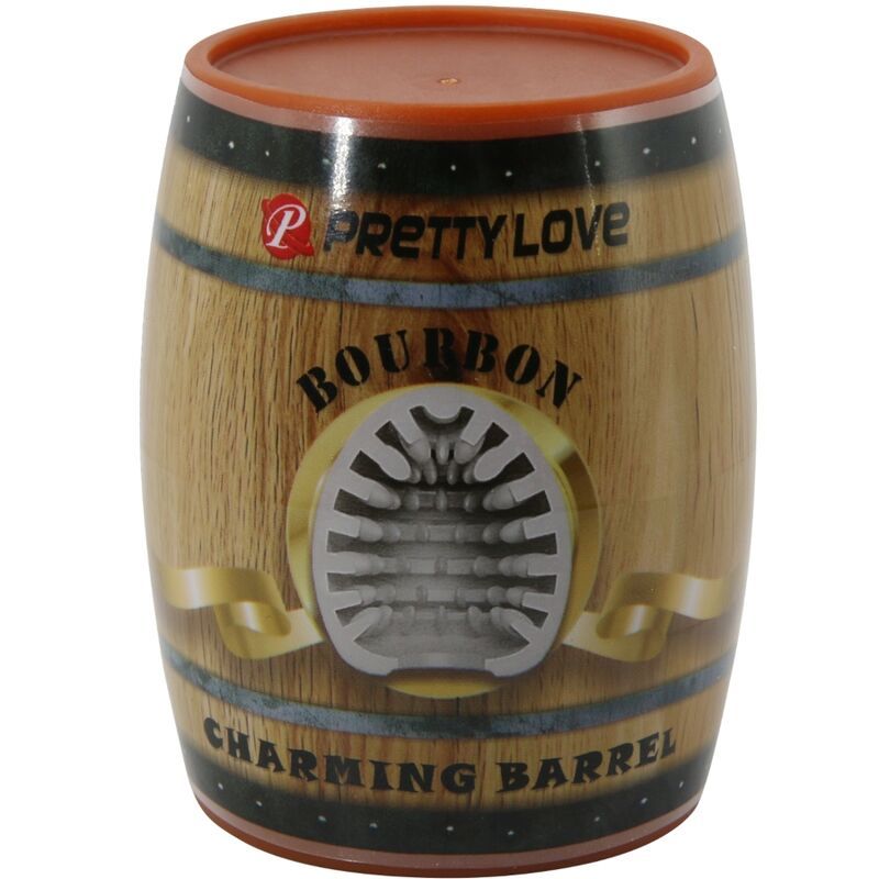 Zylinderförmiger Masturbator in Fassform. Aufschrift: Pretty Love, Bourbon, Charming Barrel. Braune und schwarze Details.