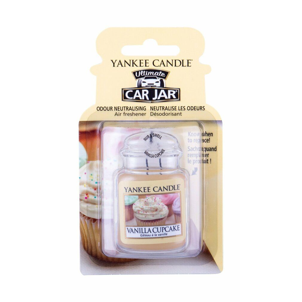 Yankee Candle Car Jar Ultimate, Vanille Cupcake. Gelbes Glas mit Aufhängung. Aufschrift: Vanilla Cupcake, Gâteau à la Vanille.