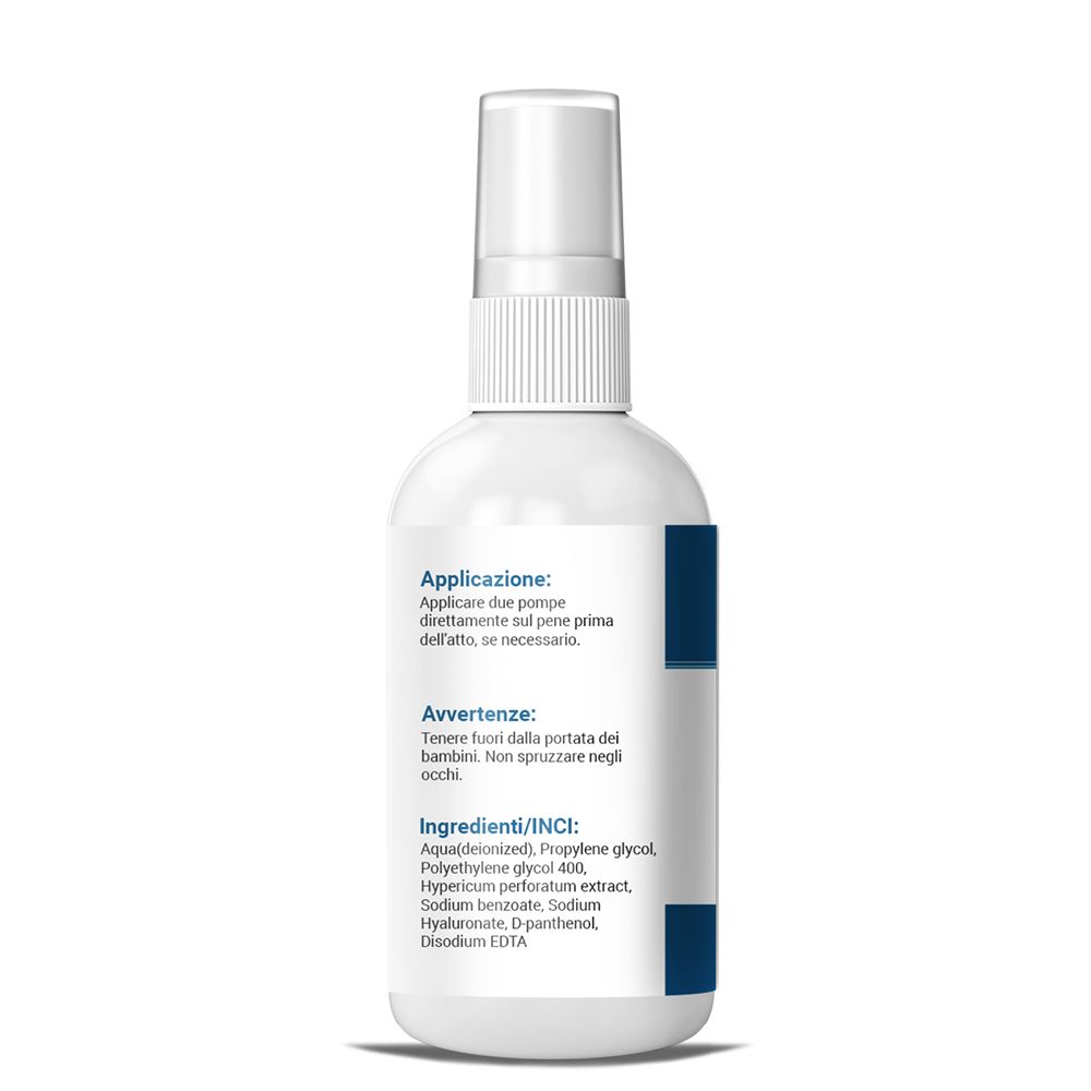 Retro del flacone spray bianco. Testo: Applicazione, Ingredienti/INCI.