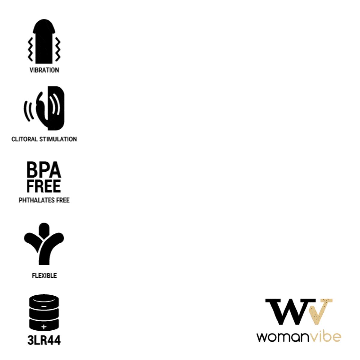 Schwarz-weiße Icons: Vibration, Klitorisstimulation, BPA-frei, flexibel, Batterie 3LR44. Logo: Womanvibe.