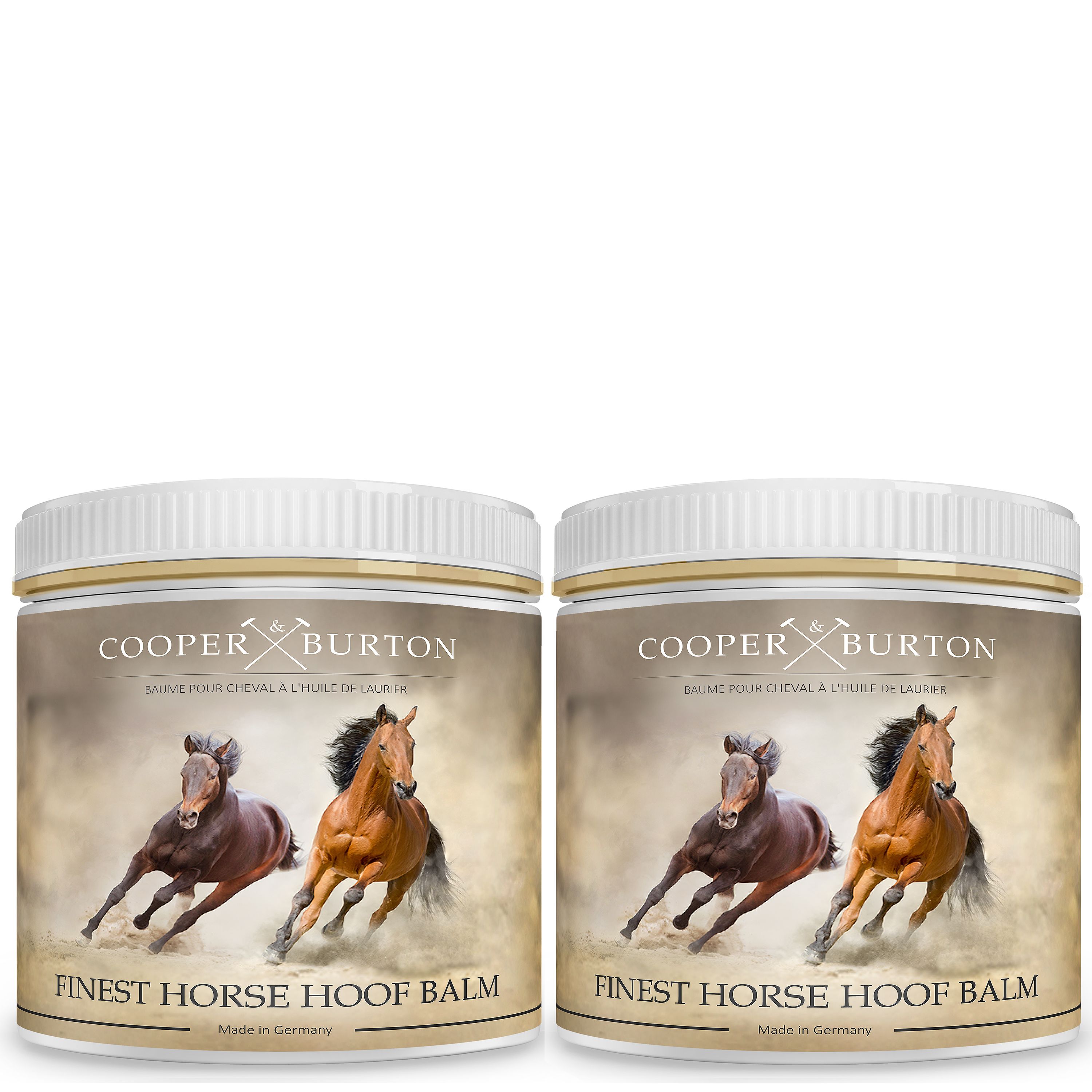 Zwei Produktbehälter. Logo: COOPER & BURTON. Finest Horse Hoof Balm. Made in Germany.