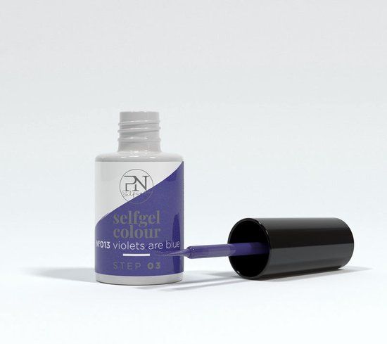 Flasche mit schwarzem Deckel und Pinsel daneben. Aufschrift: selfgel colour, N13 Violets are Blue, Step 03.