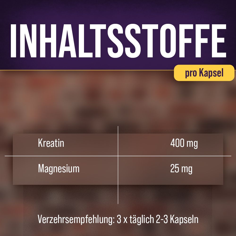 Tabelle mit Inhaltsstoffen pro Kapsel: Kreatin 400 mg, Magnesium 25 mg. Empfohlene Dosierung: 3 x 2-3 Kapseln.