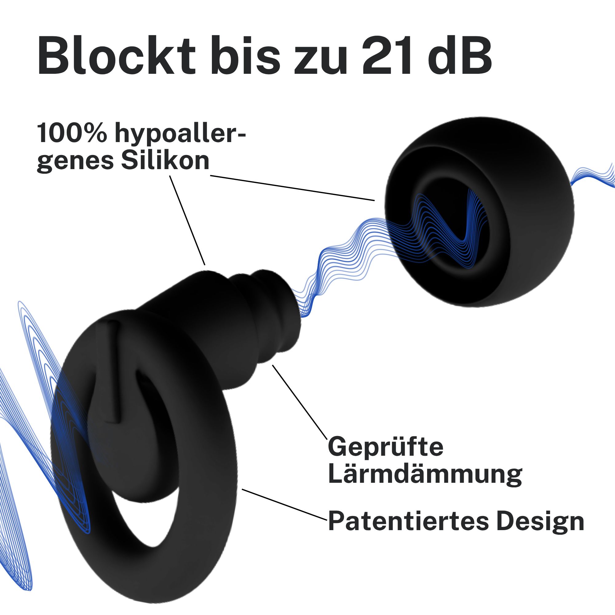 Schwarzer Ohrstöpsel mit blauen Linien. Beschriftung: 100% hypoallergenes Silikon, geprüfte Lärmdämmung, patentiertes Design.