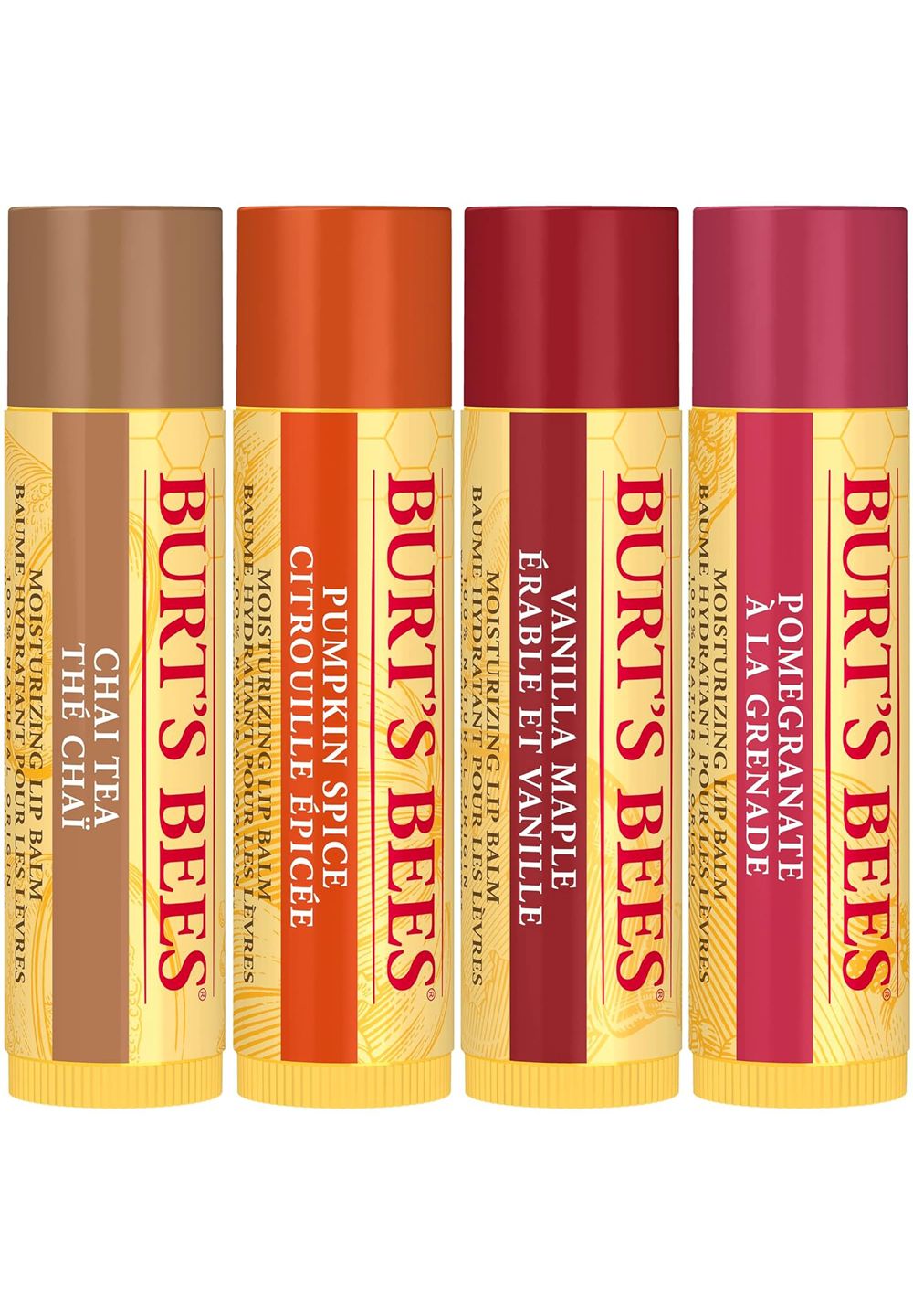 Vier Lippenbalsam-Stifte mit verschiedenen Geschmacksrichtungen. Produktnamen deutlich sichtbar.