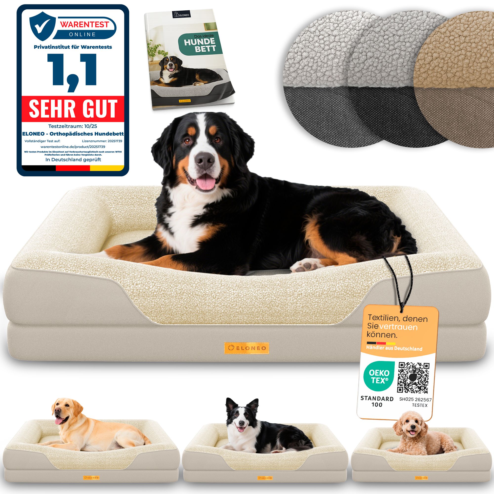 Hundebett, creme. Hund liegt auf dem Bett. Text: Sehr gut. Oeko-Tex Standard 100. Hunde auf den Betten in verschiedenen Größen.